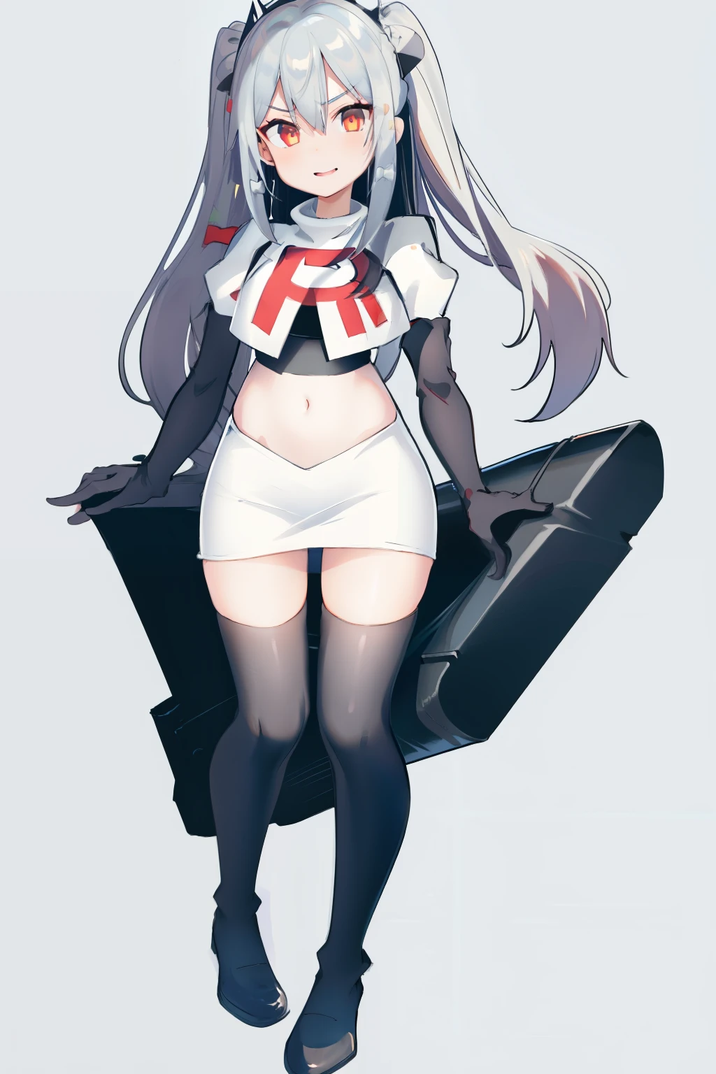 solo, 1boy, black bow, black skirt, black thighhighs, blue hair, dog hair ornament, twintails, orange eyes, hair between eyes, tail, otoko no ko, simple background, team rocket,team rocket uniform, red letter R, white skirt,white crop top,black thigh-highs,black elbow gloves