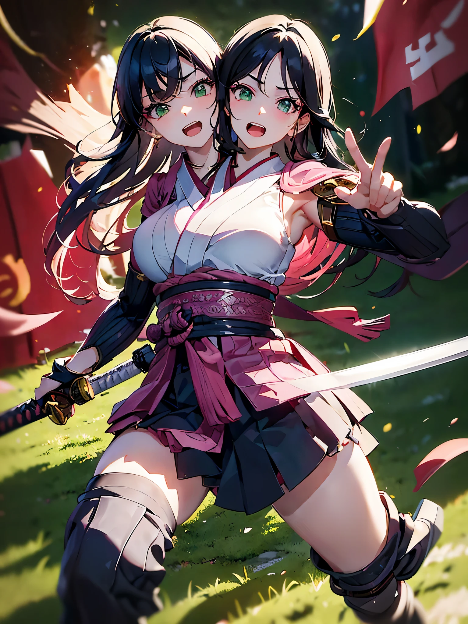 (masterpiece, best quality), best resolution, (2heads:1.5), 1girl, black hair, green eyes, aggressive screaming, open mouth, pink samurai armor, holding a katana sword, action pose, japanese battlefield