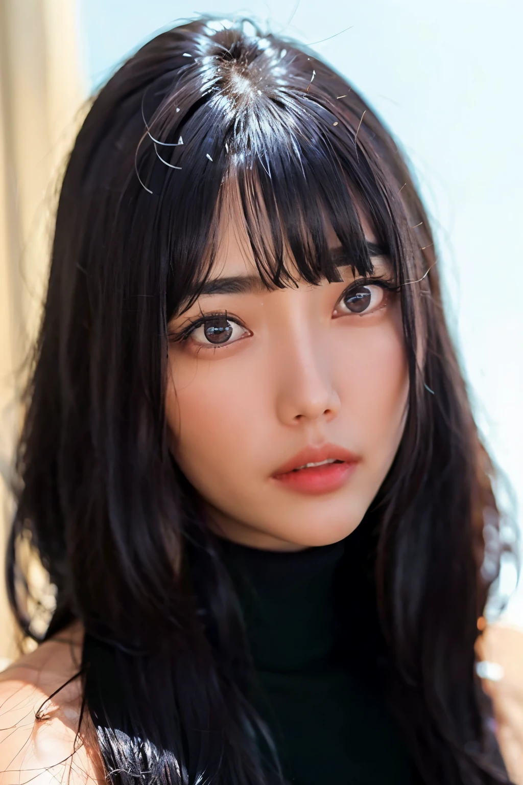 stunning, intricate full color Ultra HD portrait of a 28 year old Korean girl, long black hair, black eyes, detailed face, wearing a black turtleneck, epic character composition, alessio. albi, nina masic, sharp focus, natural lighting, subsurface dispersion, f2, 35mm, Ssunbiki,