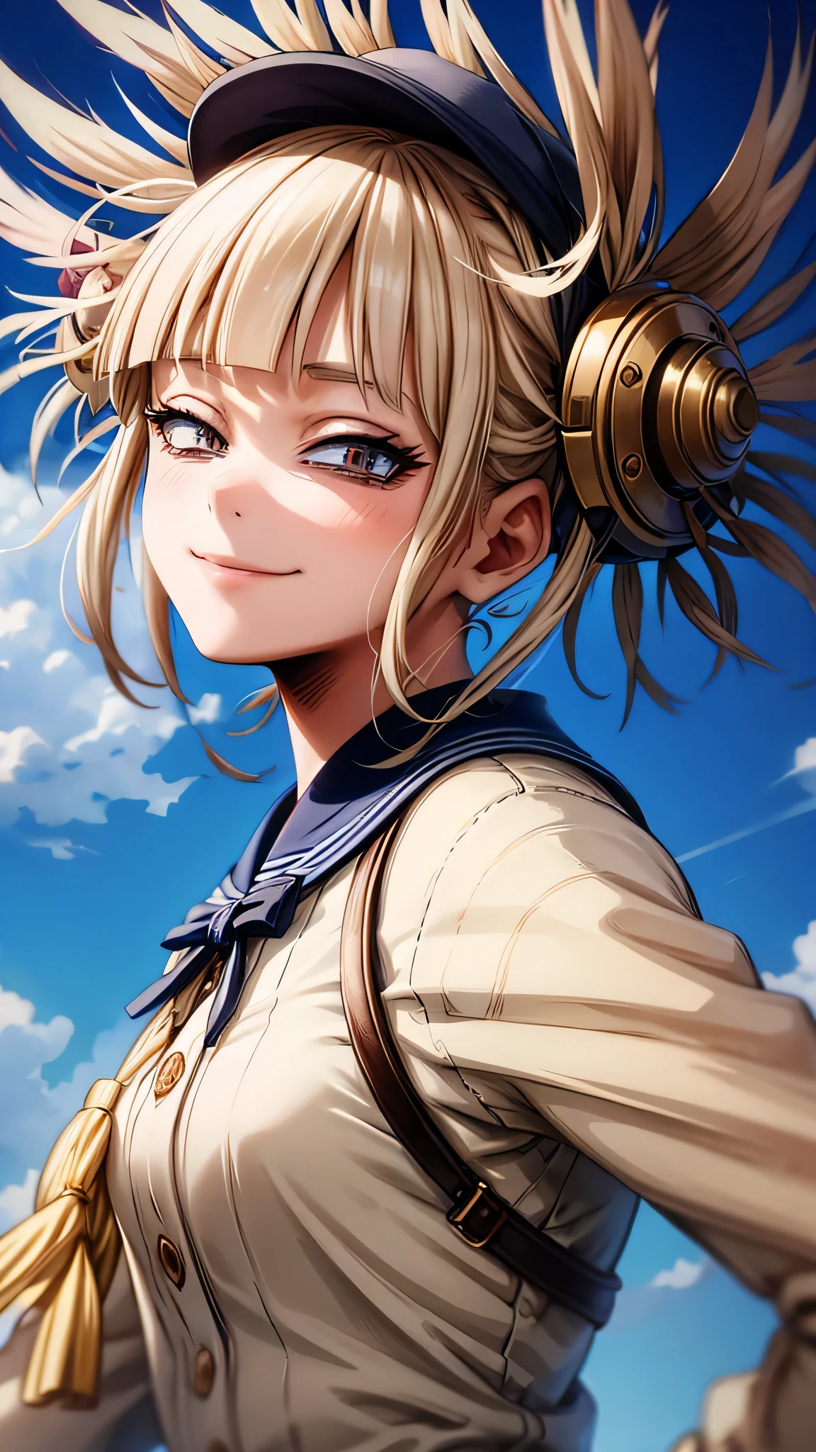 High resolution, ultra detail, (((((2D))), Japan person, 1 girl, designer uniform, finely detailed eyes, golden ratio face, 8 life, sunlight, complex light reflection, background blue sky, transparency, hidden beauty, smile, Deep depiction, whole body, full of energy, looking at the viewer, fantastic depiction, complex attraction, tenderness overflowing from within,