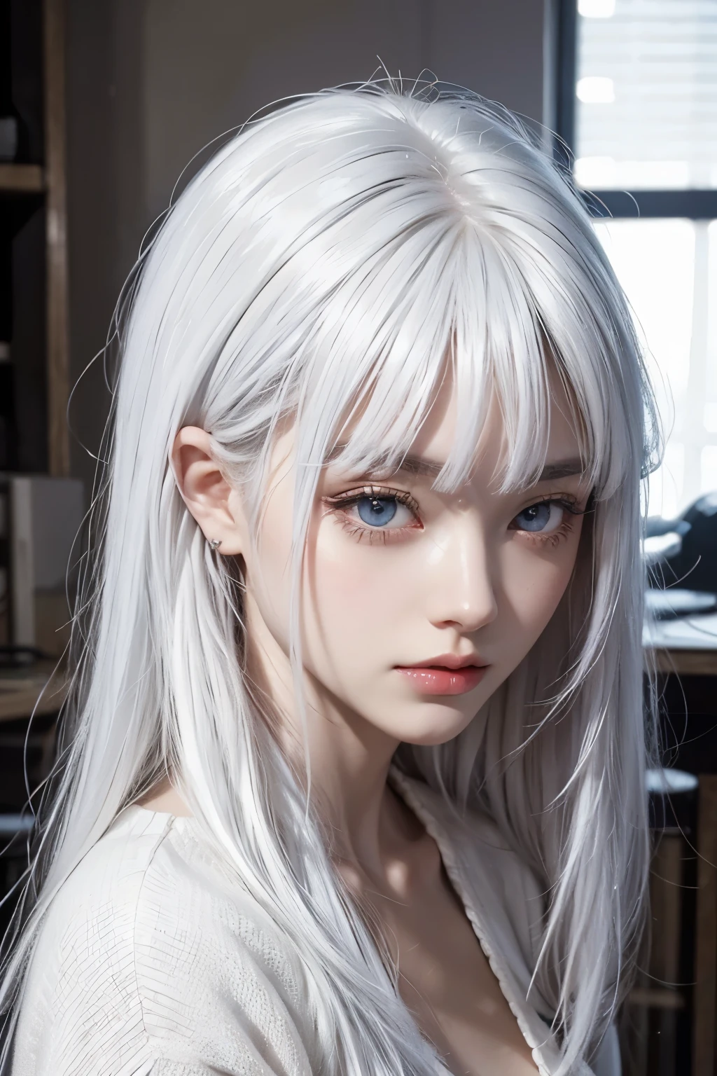 white hair　The eyes are　Aoiro　beautiful woman　I'm studying　