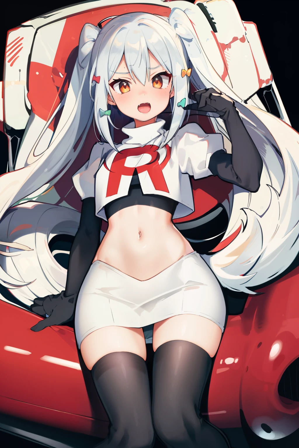 solo, 1boy, black bow, blue hair, dog hair ornament, twintails, orange eyes, hair between eyes, tail, otoko no ko, simple background, team rocket,team rocket uniform, red letter R, white skirt,white crop top,black thigh-highs,black elbow gloves