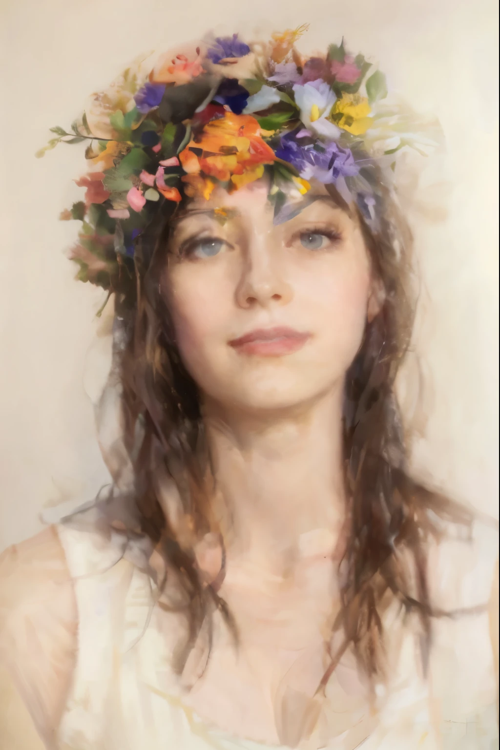 there is a woman with a flower crown on her head,masterpiece on canvas in the style of Claude Monet, ClaudeMonet,A middle-aged brunette woman, ssmile, Extremely beautiful, Detailed landscape, Hyper-realistic, Elements of symbolism and surrealism, intricatedesign, Foliage, florals, landscape, pastel colour, Blue details, pink details, The woman looked at the audience, Directly on the camera.