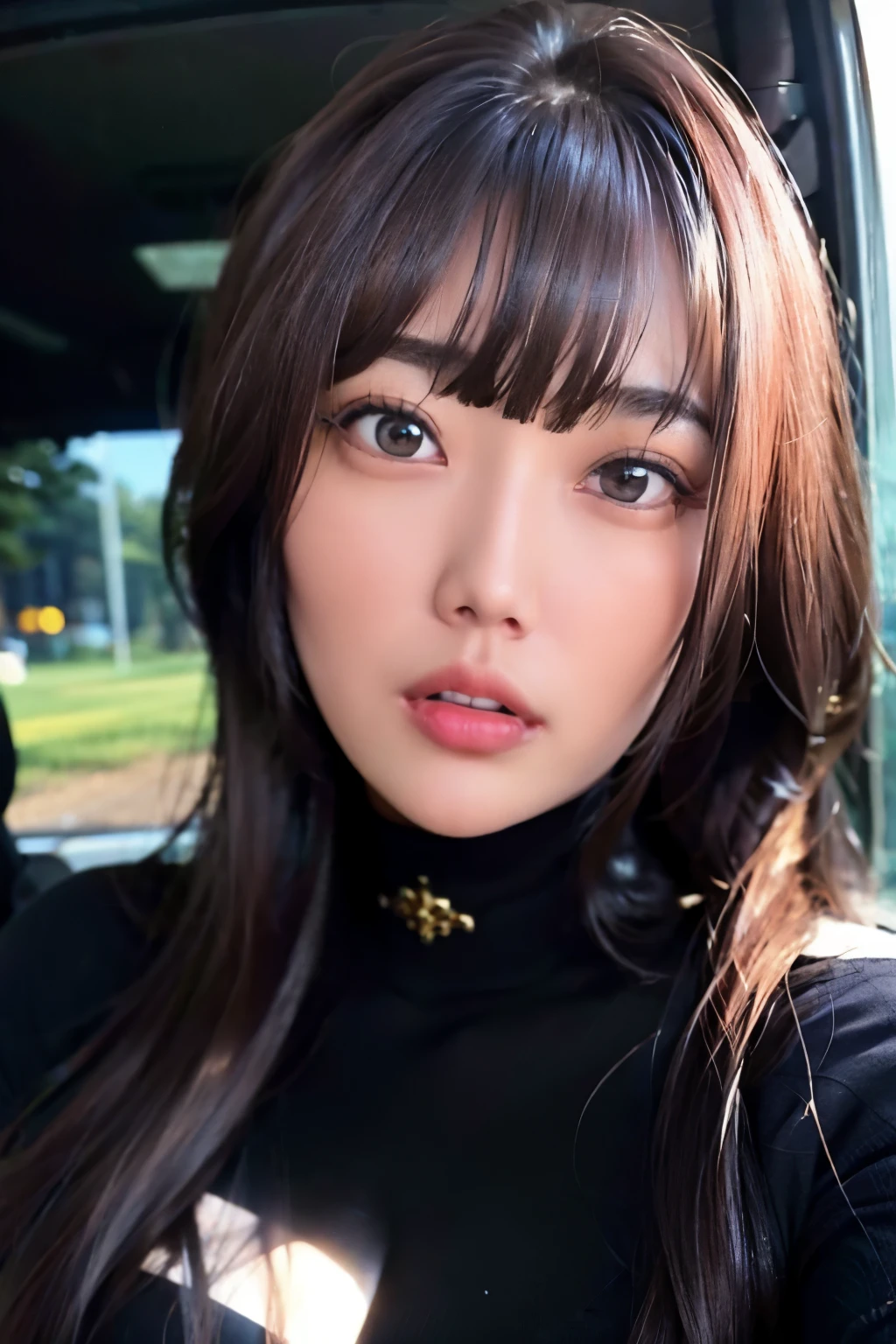 stunning, intricate full color Ultra HD portrait of a 28 year old Korean girl, long black hair, black eyes, detailed face, wearing a black turtleneck, epic character composition, alessio. albi, nina masic, sharp focus, natural lighting, subsurface dispersion, f2, 35mm, Ssunbiki,