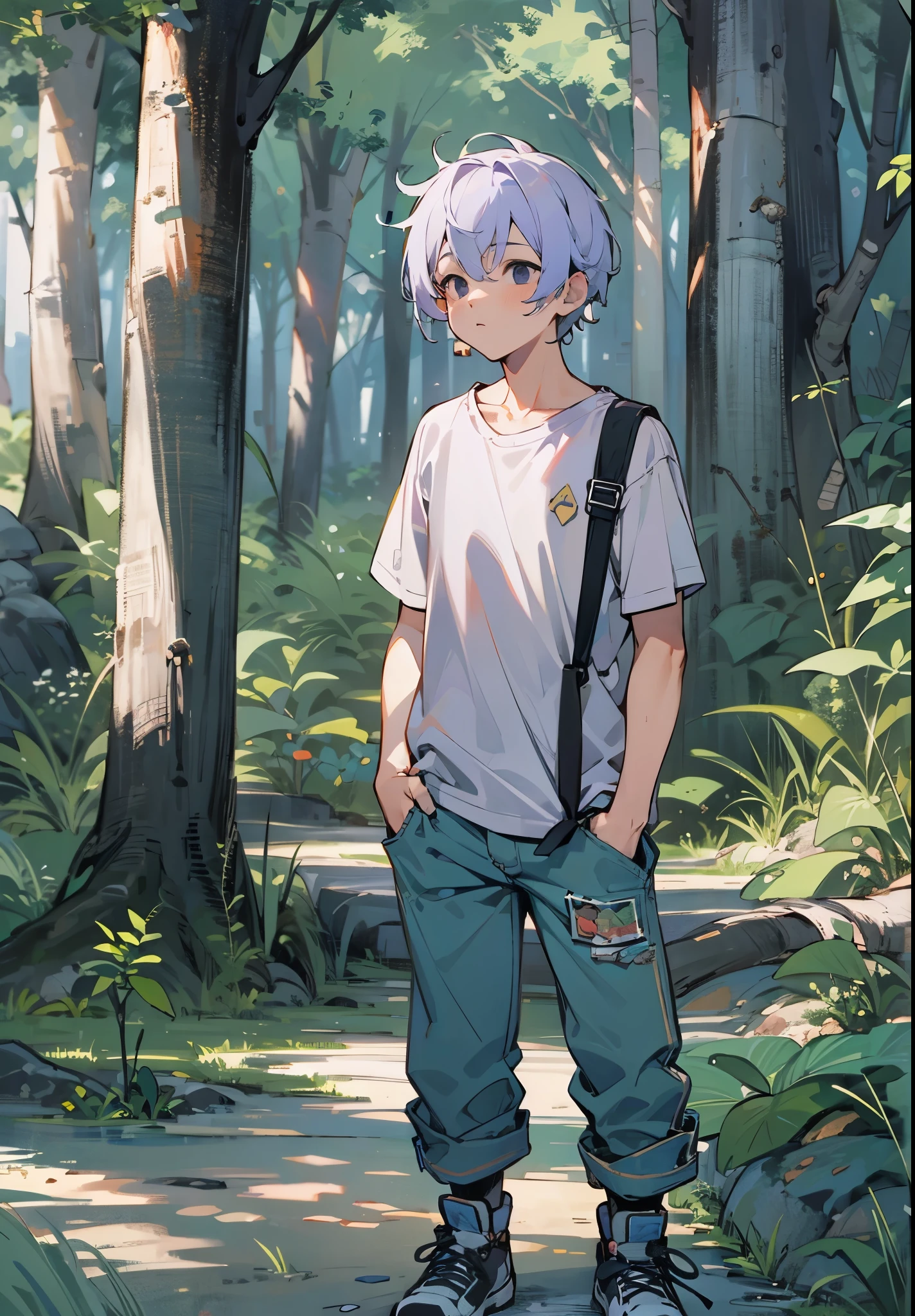 1male, Kid, Light Purple Hair, Short Hair, Black Eyes, Baggy Jeans, Loose T-Shirt, Forest