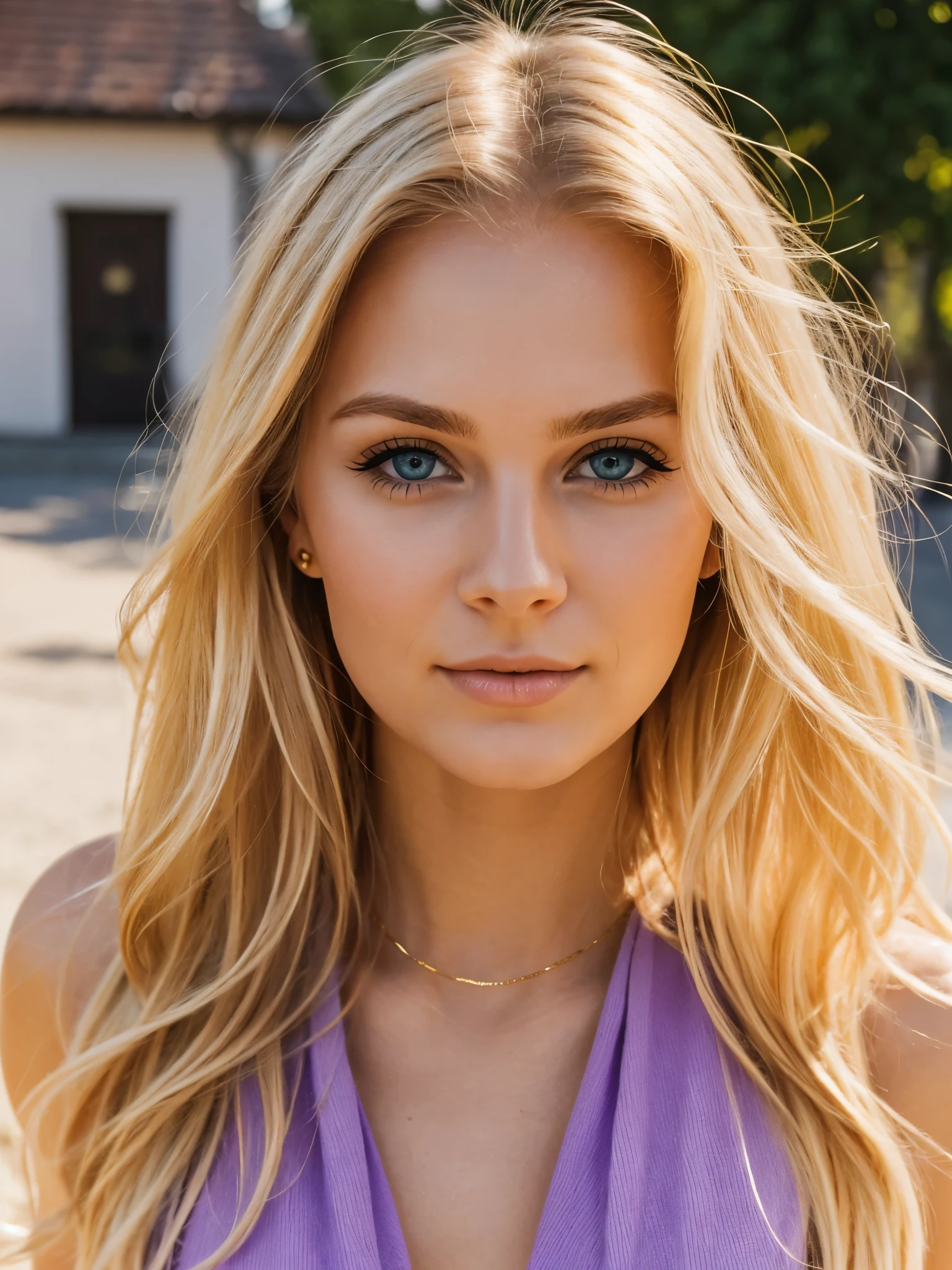 photography of a 23yo Swedish woman with short golden-blonde hair that is expertly tousled and adds a touch of playfulness to her appearance. Her alluring purple eyes sparkle with a mix of curiosity and charm. With a height of 5'5", she has a  and lively figure that exudes both warmth and sophistication.