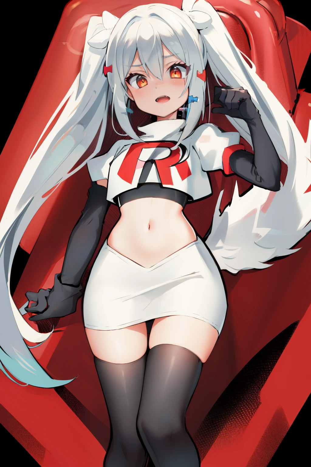 solo, 1boy, black bow, blue hair, dog hair ornament, twintails, orange eyes, hair between eyes, tail, otoko no ko, simple background, team rocket,team rocket uniform, red letter R, white skirt,white crop top,black thigh-highs,black elbow gloves