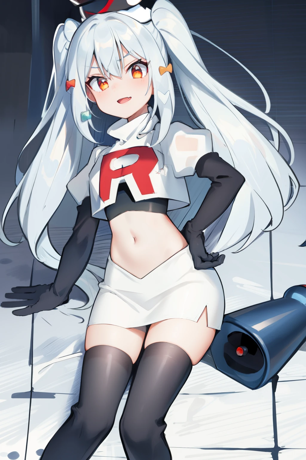 solo, 1boy, black bow, blue hair, dog hair ornament, twintails, orange eyes, hair between eyes, tail, otoko no ko, simple background, team rocket,team rocket uniform, red letter R, white skirt,white crop top,black thigh-highs,black elbow gloves