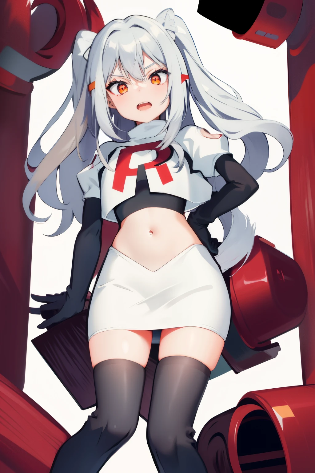 solo, 1boy, black bow, blue hair, dog hair ornament, twintails, orange eyes, hair between eyes, tail, otoko no ko, simple background, team rocket,team rocket uniform, red letter R, white skirt,white crop top,black thigh-highs,black elbow gloves