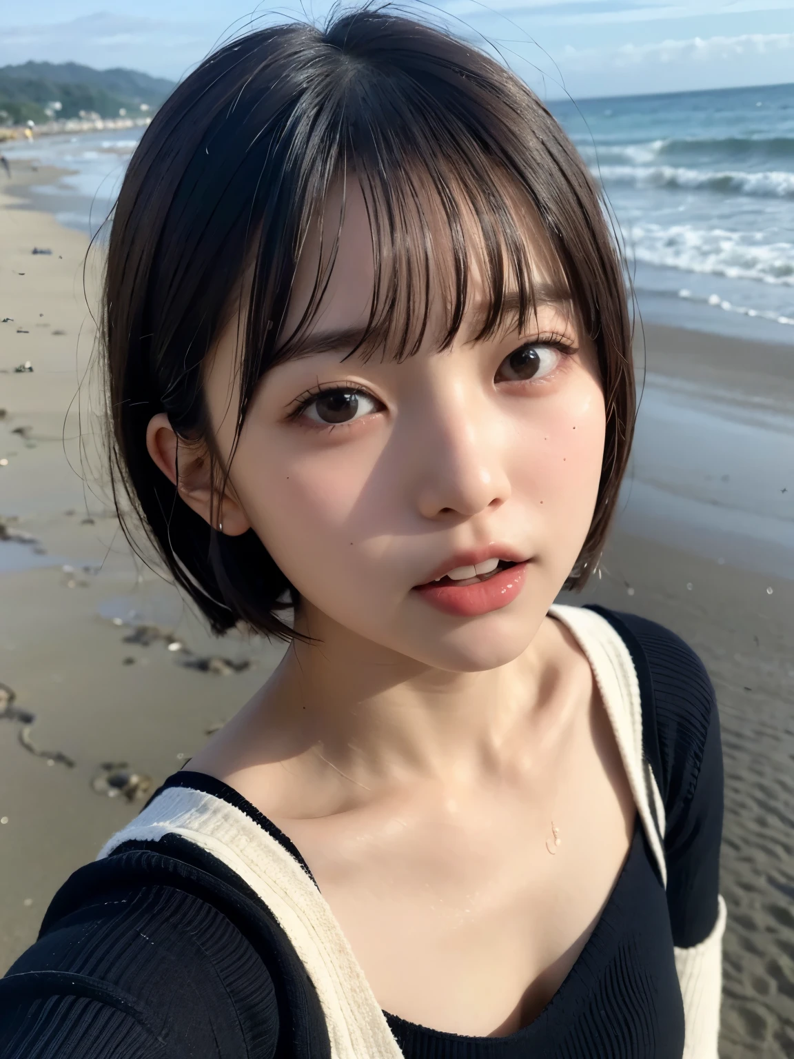 Best quality,raw photo , 19 years old Japanese female idol,face focus, from above,leaning forward , v-neck sweater, Short hair, bowl cut ,cute face ,open_mouth ,edgy ,tongue out a little,droop ,murky water , overflowing ,wet ,selfie, on the beach, rain,night,