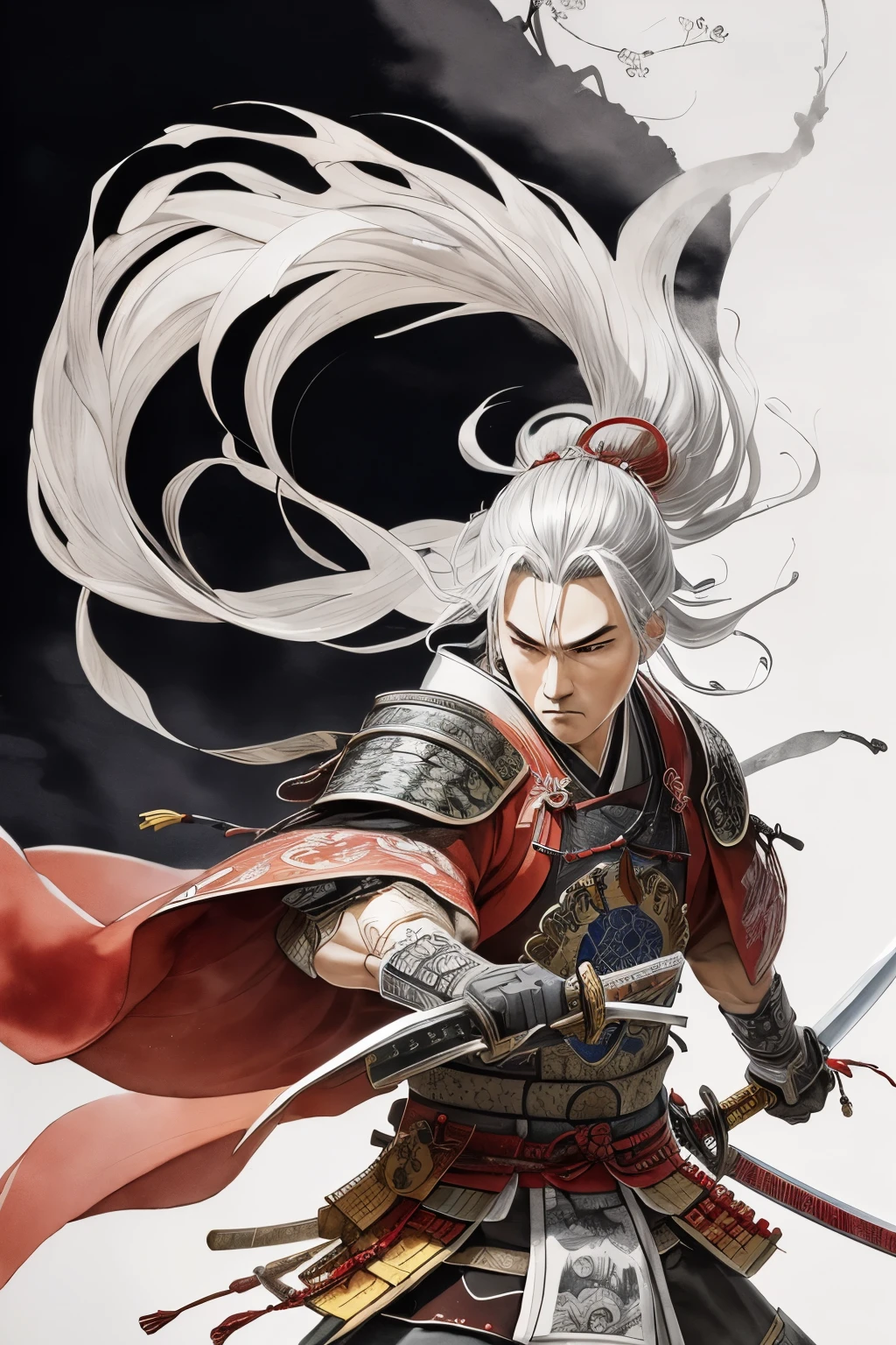 best quality, Japanese style drawing, ukiyo-e style, ink painting, watercolor art drawing, Japanese samurai, Japanese samurai, (Japanese sword, shining silver plated:1.1), Japanese samurai costume, Japanese castle, castle tower, Japanese room, tatami, motion-blur, action-lines, speed-lines