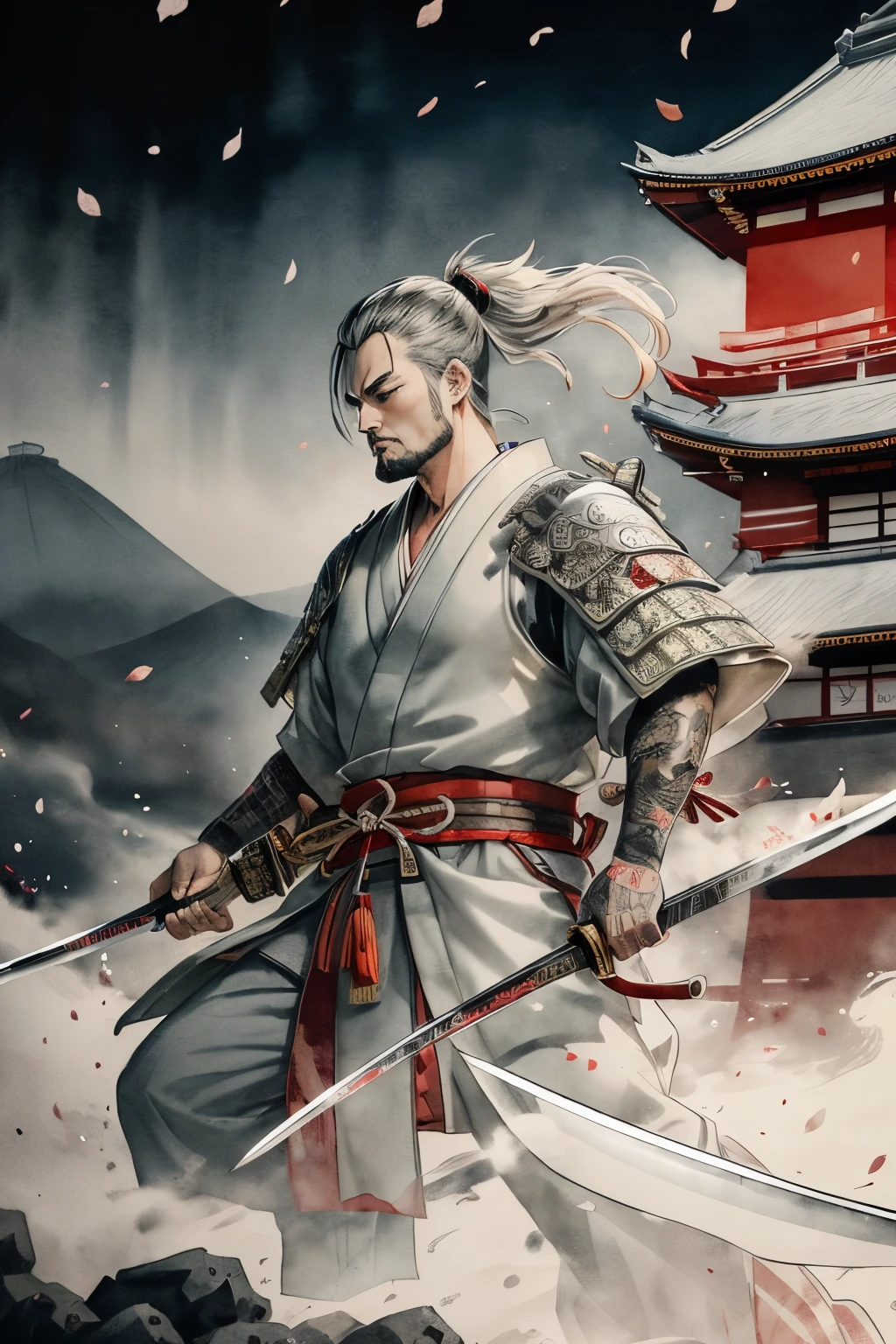 best quality, Japanese style drawing, ukiyo-e style, ink painting, watercolor art drawing, 1man, Japanese samurai, Japanese samurai, (Japanese sword, shining silver plated:1.1), Japanese samurai costume, Japanese castle, castle tower, Japanese room, tatami, motion-blur, action-lines, speed-lines
