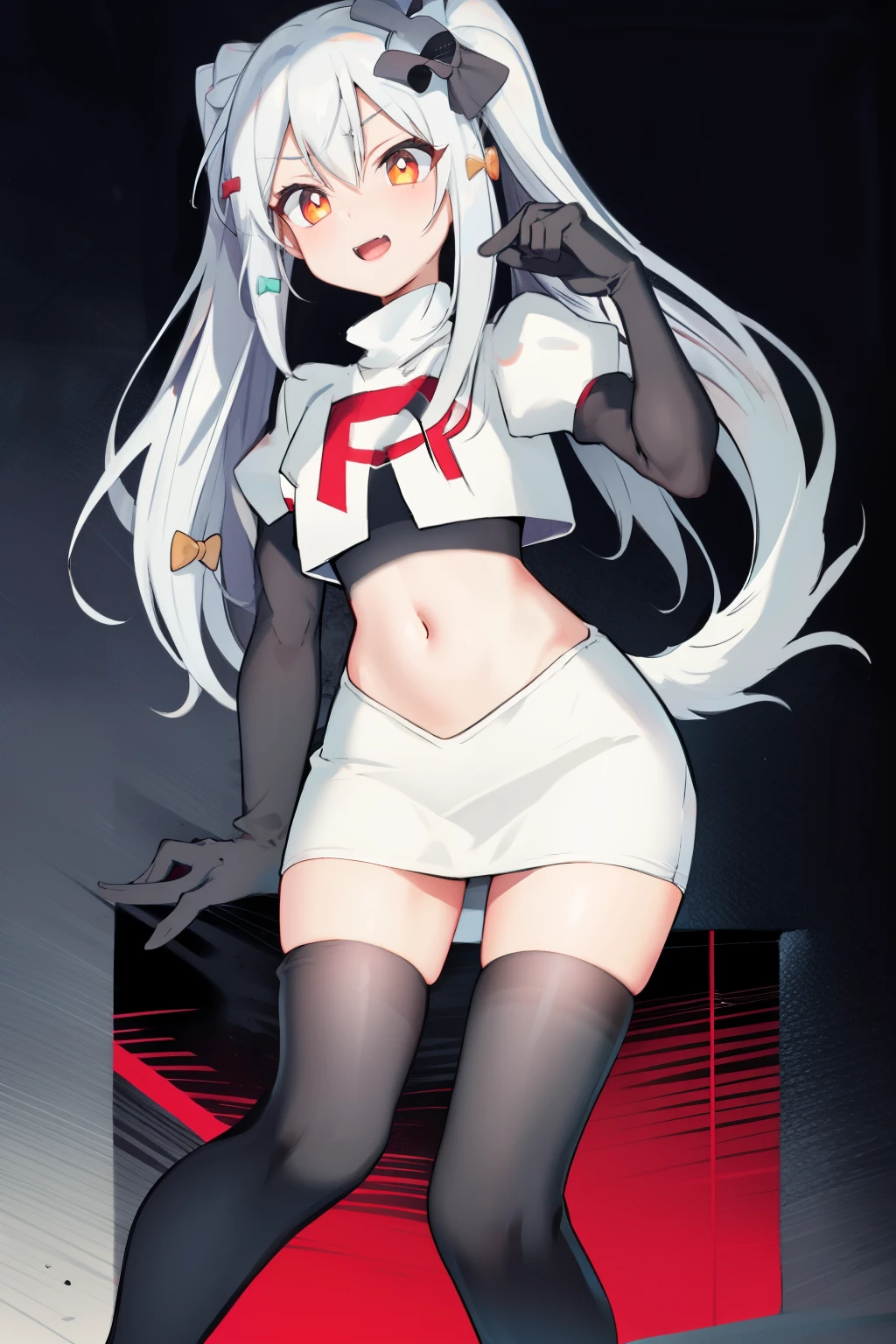 solo, 1boy, black bow, blue hair, dog hair ornament, twintails, orange eyes, hair between eyes, tail, otoko no ko, simple background, team rocket,team rocket uniform, red letter R, white skirt,white crop top,black thigh-highs,black elbow gloves