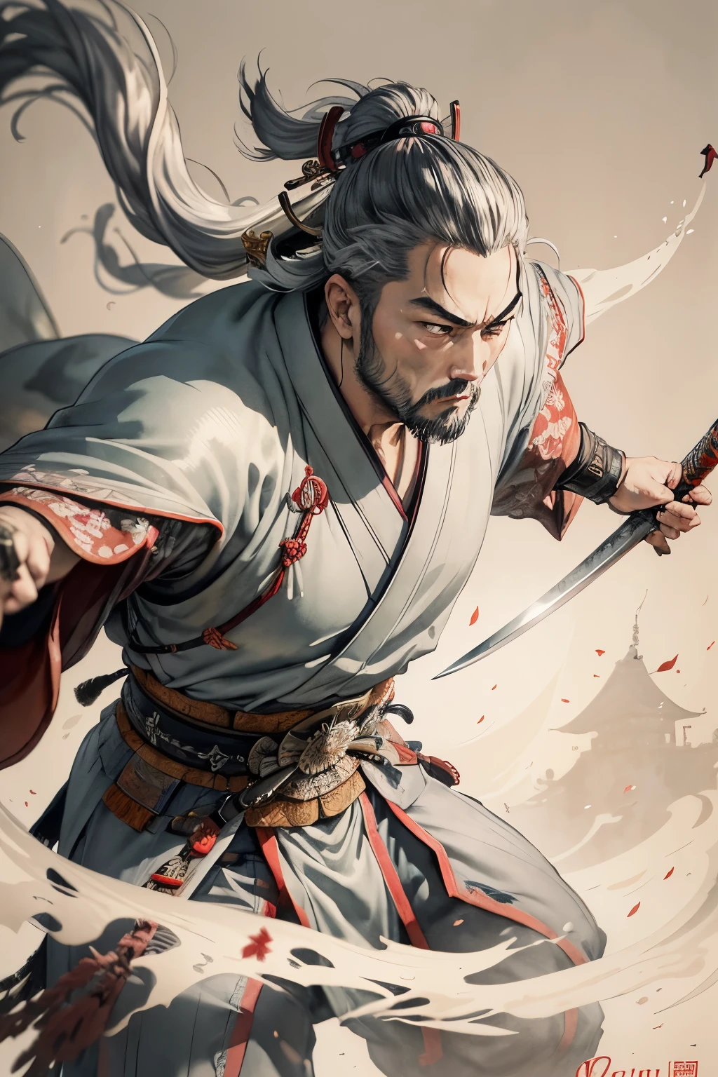 best quality, Japanese style drawing, ukiyo-e style, ink painting, watercolor art drawing, 1man, Japanese samurai, Japanese samurai, (Japanese sword, shining silver plated:1.1), Japanese samurai costume, Japanese castle, castle tower, Japanese room, tatami, motion-blur, action-lines, speed-lines