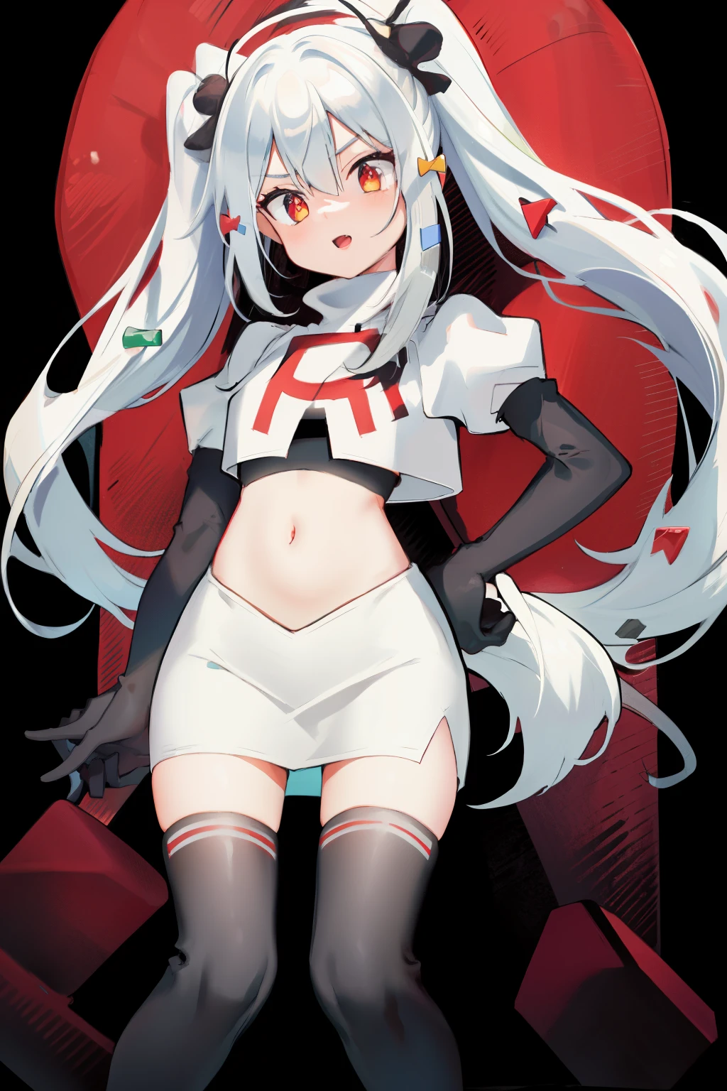 solo, 1boy, black bow, blue hair, dog hair ornament, twintails, orange eyes, hair between eyes, tail, otoko no ko, simple background, team rocket,team rocket uniform, red letter R, white skirt,white crop top,black thigh-highs,black elbow gloves