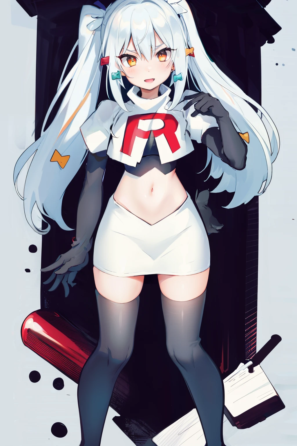 solo, 1boy, black bow, blue hair, dog hair ornament, twintails, orange eyes, hair between eyes, tail, otoko no ko, simple background, team rocket,team rocket uniform, red letter R, white skirt,white crop top,black thigh-highs,black elbow gloves