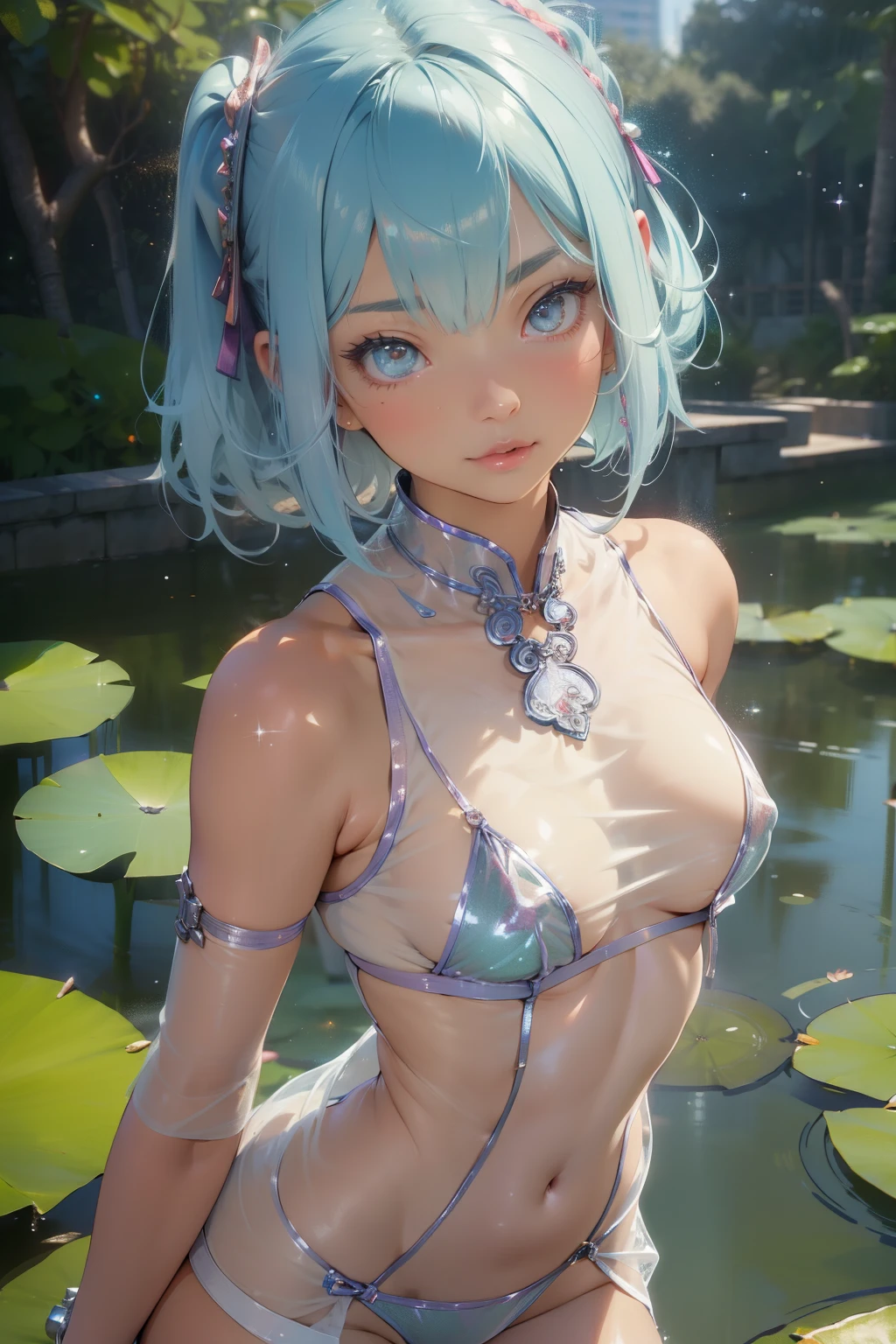 (quality)), ((masterpiece)), Recommended results、puffy nipples、(see through:1.5)、straighten your back、abdominal muscles、huge bust、angle to floor:1.2、Low photographic angle、Hair loss on crotch,Hatsune Miku,(girl),charming姿态),(big breasts:1.4),Breast sagging,,Colored inner hair,short hair,))),, Manipulator:1.5)),((sweater,),((:1.5,Body:1.5,metal skin,Mechanical joint: 1.4,mechanical limbs)),(((pale nipples,(fat)),(((skin shiny:1.5,bright skin: 1.5,skin shiny,very skin shiny,plastic glitter skin)),(lower abdomen,Yao Liu,wide hips,detailed Body,(Detailed face)),charming,debauchery,Tempting,Delicate metal decoration,sleeveless,sweater,,cute round face,kung fu snake,Beside the lotus pond