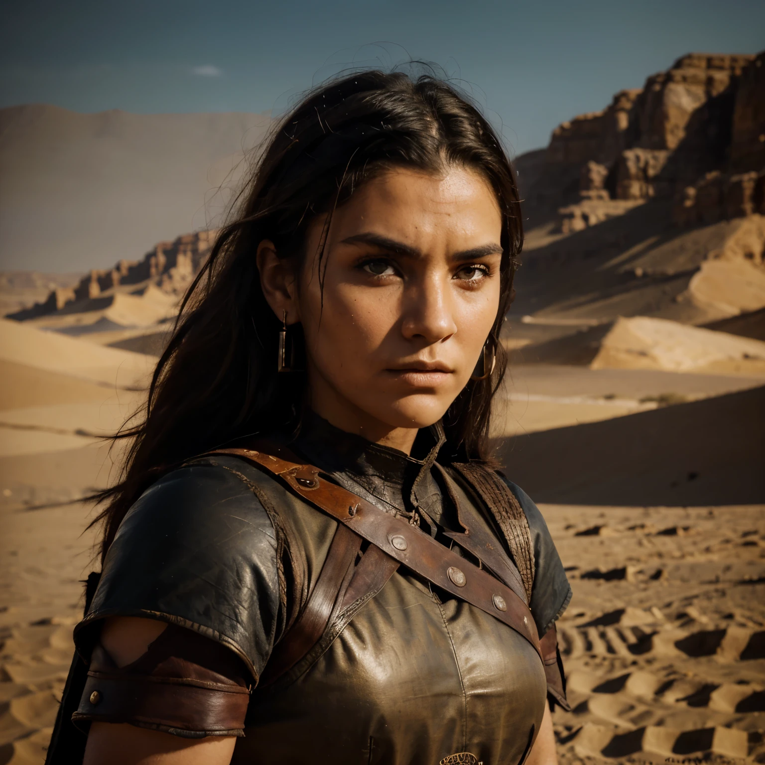 influential warrior, fierce and loyal companion, sculpted face, piercing eyes, sword in hand, battle scars, courageous fighter, dark hair and beard, historical figure, vivid colors, realistic portrait, ancient canvas, dramatic lighting, sandstorm backdrop, dusty desert landscape, iconic personality