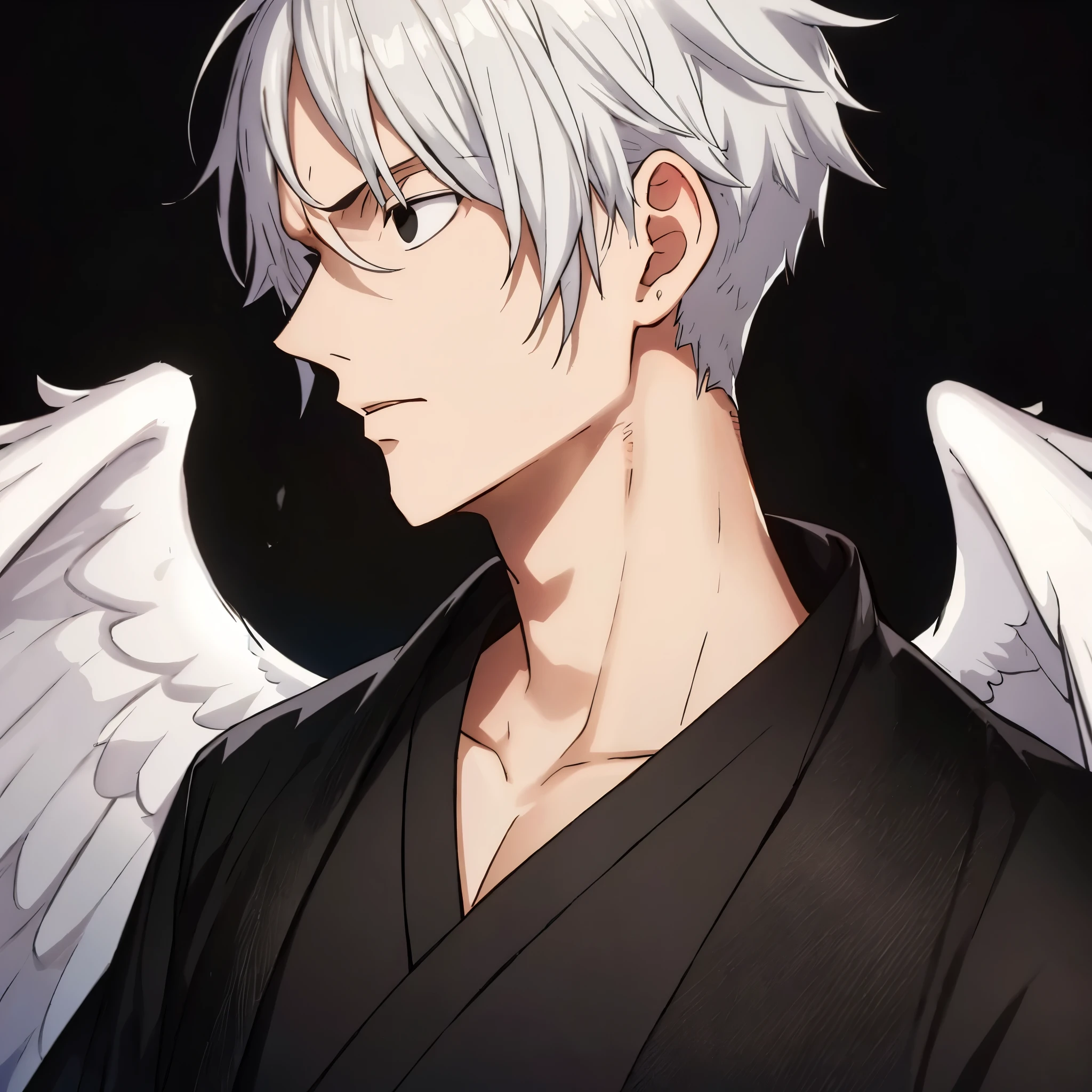A tall, young man with white wings, fair-skinned, black-eyed, with light, messy dark hair, short on the sides and back and long on top of his head, forming a sort of messy tuft, wearing black Gojō kāṣāya, black background