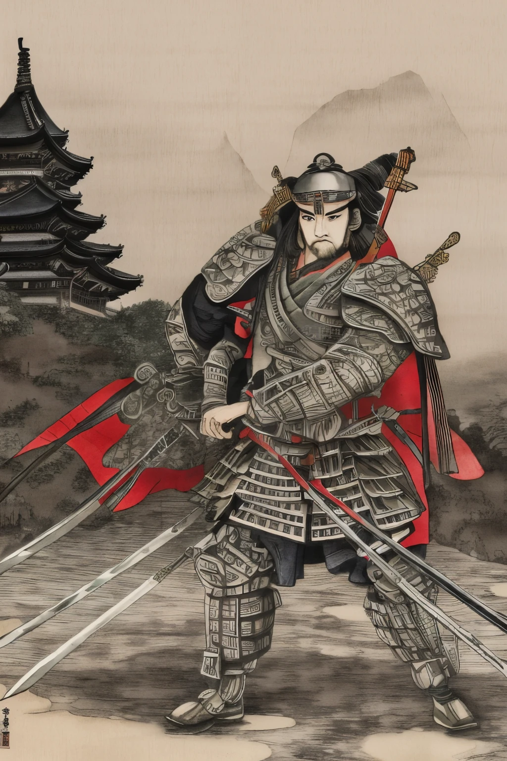 best quality, Japanese style drawing, ukiyo-e style, ink painting, watercolor art drawing, 1man, Japanese samurai, Japanese samurai, (Japanese sword, shining silver plated:1.1), Japanese armor, Japanese samurai costume, Japanese castle, castle tower, Japanese room, tatami, motion-blur, action-lines, speed-lines