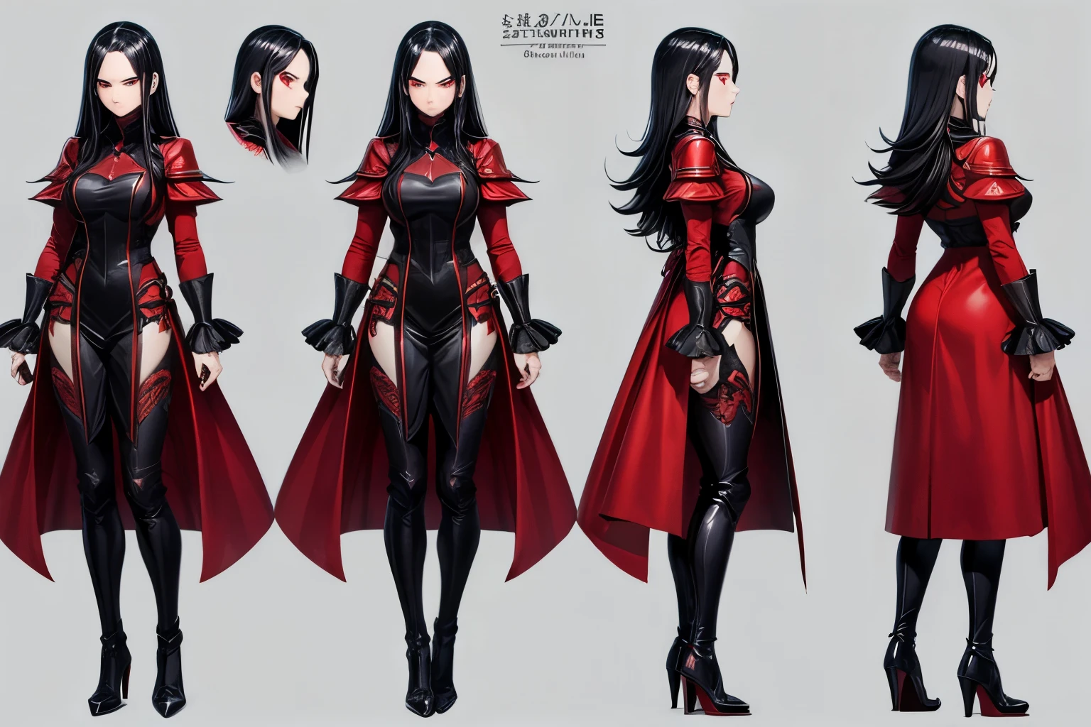 ((best quality)), ((work of art)), (detailed), perfect face, model sheet, black hair, red eyes, villain, serious expression, villain pose, anime girl.full body 