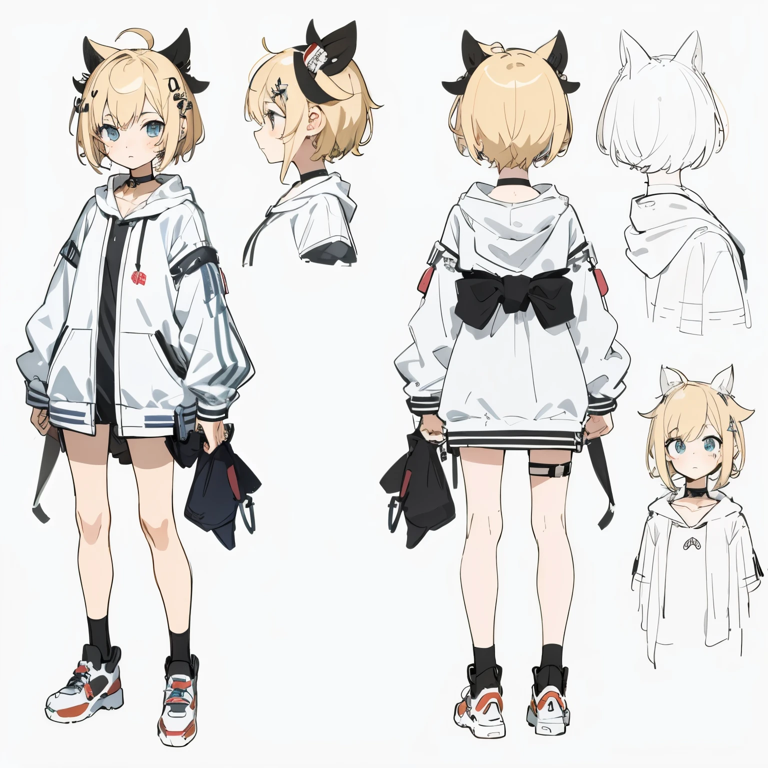 (masterpiece, best quality) detailed, girl, a blank look, kawaii, cute, gamer clothes, various face expression, drawing reference, reference, lineart, sketch (character design sheet, same character, same clothes, full body, 3views, front, side, back), pixie cut, slightly messy blonde hair, cowlick, formal clothes, hair ornament, black choker, hoodie, headphone