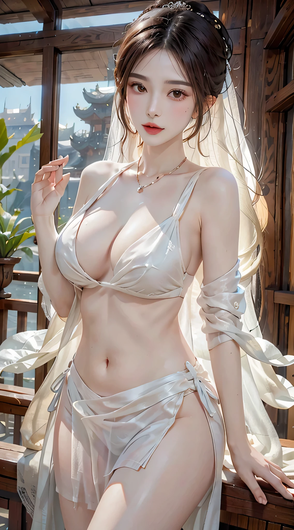 (intricate details, super detailed:1.2), (natural skin texture, Surrealism, soft light:1.2), fluffy short hair, , sharp focus, night, necklace, Chinese mythology, Split, huge breasts, sci-fi headband, looking at the audience, best quality, Perfect body,bikini,swimsuit,lace,whole body,slender hands,bracelet,pantyhose period,Sexy Lingerie,bikini,white silk,Wedding dress,Suzhou gardens
