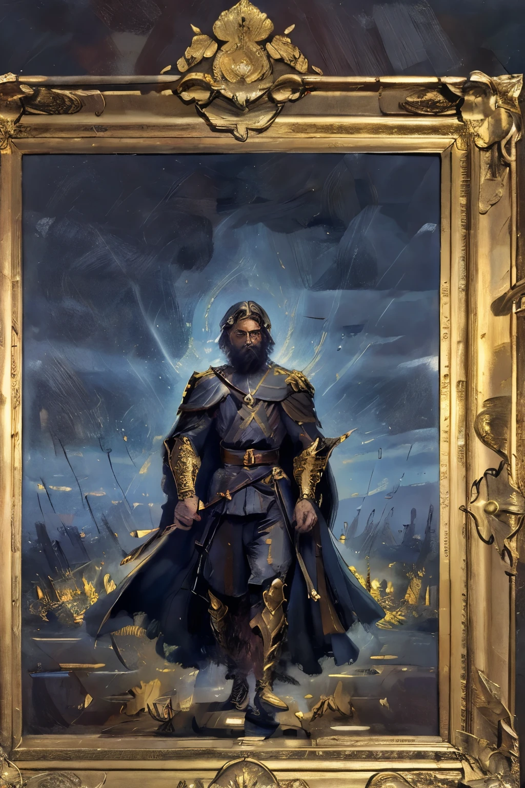 (extremely detailed CG unity 8k , masterpiece, best quality, ultra-detailed), (best illumination, best shadow, extreme detail) portrait oil painting on canvas of a 15th century european lord standing in a battlefield. Stylised in a grandious and epic manner being both powerful and graceful wearing the height of fashion from the time and holding an (unsheathed sword in his outstretched hand) as if he had just won a battle, a defiant fierce look on his face. The portrait shoul dbe framed in a gold leaf embossed frame.