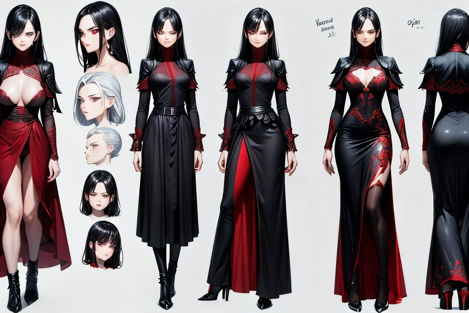 three different views of a woman in a long dress and a cape, Carmilla Vampira, vampire fashion, beautiful full-body concept art, ( ( concept character art ) ), full body xianxia, Rin Tohsaka, crimson clothes, cushart krenz arte chave feminino, crimson attire, royal attire akira, characters from azur lane, astral witch clothes