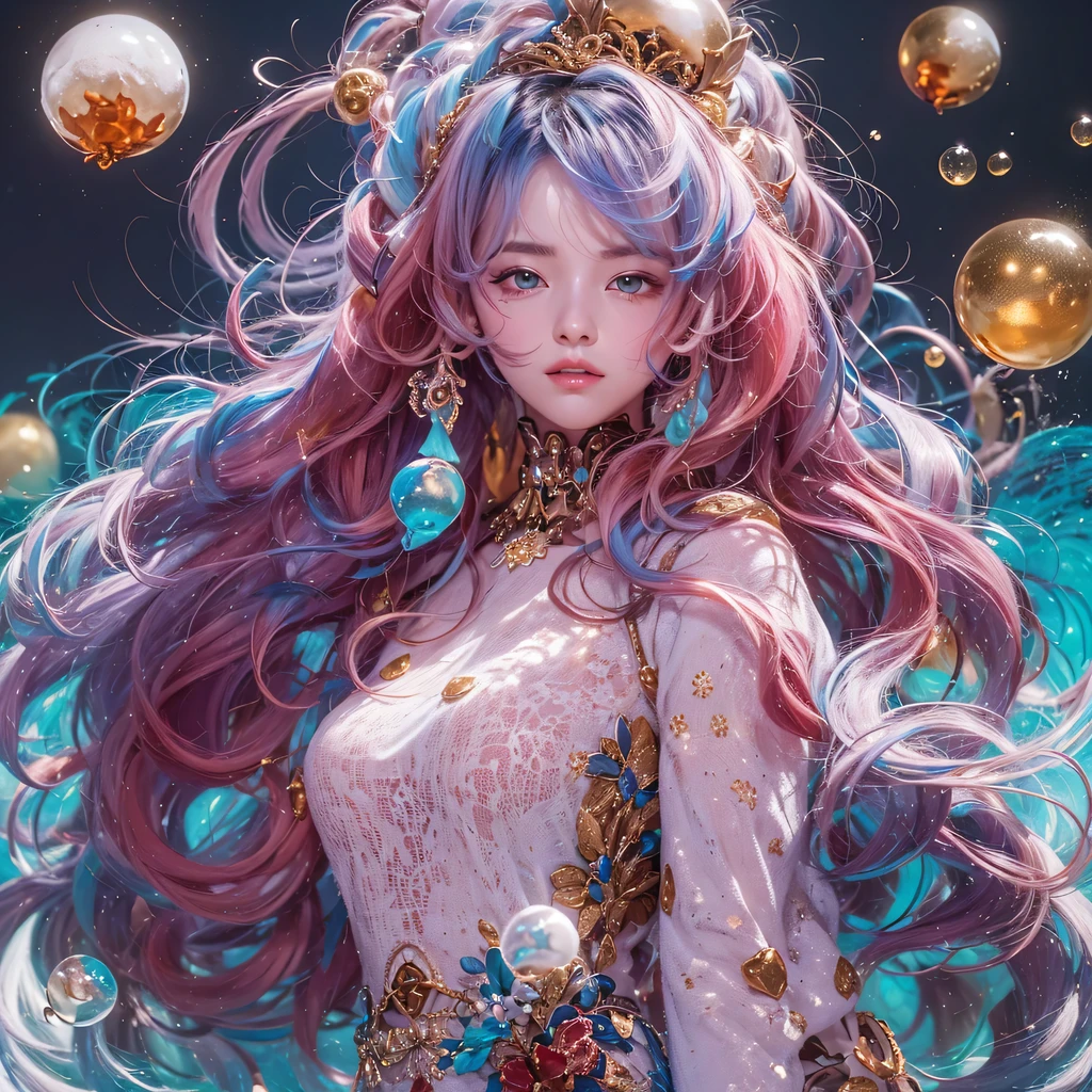 Yellow blue colors,enamel,agate,A flesh-colored world,Blood Blue Maiden 32k(masterpiece,HD,Aoyama Pond,Ultra high quality,32k)long flowing bright blue hair,blood pool,Ziddink, a color,Grumpy (After greeting), (Linen scarf), fighting stance, looking at the ground, long white hair, Floating bright blue, Fire cloud gold headdress, Chinese long-sleeved gold silk burgundy garment, (Abstract metaverse splash:1.2), White background,Peony flower vitality protector(realistically:1.4),bright purple hair,Smoke on the road,The background is very pure, high resolution, detail, RAW photos, Sharp Re, Nikon D850 film photo by Jefferies Lee 4 Kodak Portra 400 camera F1.6 guns, colorful, Ultra-realistic and vivid textures, dramatic lighting, Unreal Engine Art Station Trend, Sinest 800,一个有着long flowing bright blue hair的女孩,huge colorful bubbles