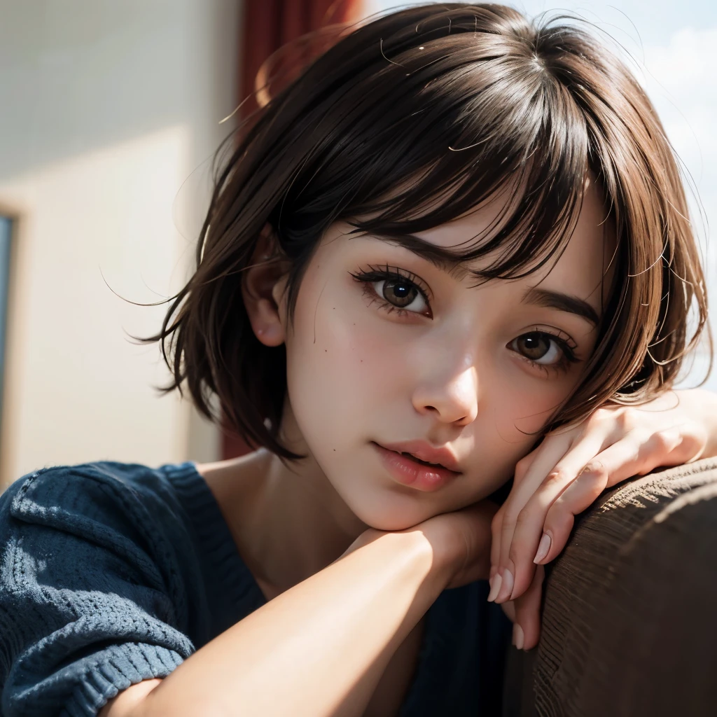 highest quality, ultra high resolution, (realistic:1.4), 1 female, young, Brown_eye, short hair, (Brownの髪:1), lie on one’s back, (fucked silly:1), side-view