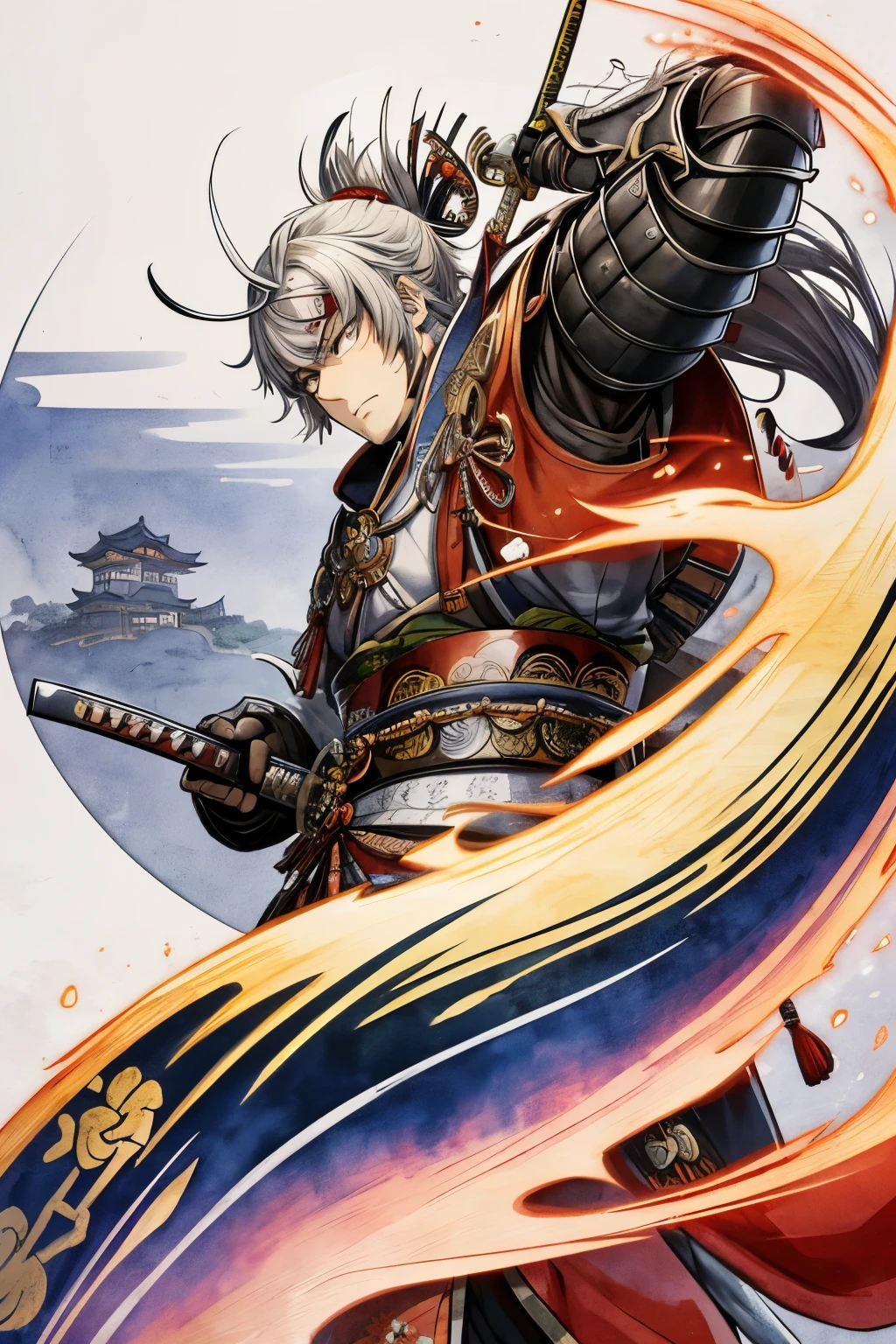 best quality, Japanese style drawing, ukiyo-e style, ink painting, watercolor art drawing, 1man, Japanese samurai, Japanese samurai, (Japanese sword, shining silver plated:1.1), Japanese armor, Japanese samurai costume, Japanese castle, castle tower, Japanese room, tatami, motion-blur, action-lines, speed-lines