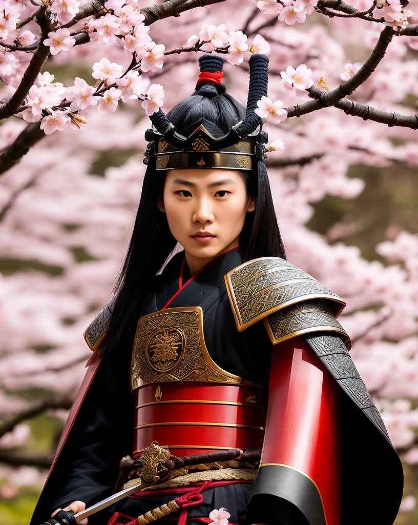Samurai: warrior with katana sword, ornate armor, fierce expression, elegant stance, cherry blossoms, Japanese landscape, traditional attire, detailed helmet, flowing hair, intense gaze, dramatic lighting, ancient battlefield, honorable warrior, stoic pose, traditional calligraphy, sharp katana, samurai code of bushido, epic battle scene, cherry blossom petals floating in the air, warrior spirit, stoic determination, wooden training grounds, ceremonial tea ceremony, samurai training, samurai horseback riding, cherry blossom festival, misty mountains, bamboo forest, armor engravings, samurai mask, samurai crest, sunset over Japanese castle, legendary samurai figures, stealthy ninja, delicate fan, cherry blossom tattoo, samurai flag, traditional samurai ceremony, cherry blossom viewing, cherry blossom gardens, graceful swordsmanship, samurai warrior meditation, samurai warlord, ancient wisdom, honor and loyalty, cherry blossom petals falling like snow. (best quality, high-res, dramatic lighting:1.2), ultra-detailed, realistic:1.37, professional, vivid colors, Japanese traditional art style, vibrant and dynamic composition.