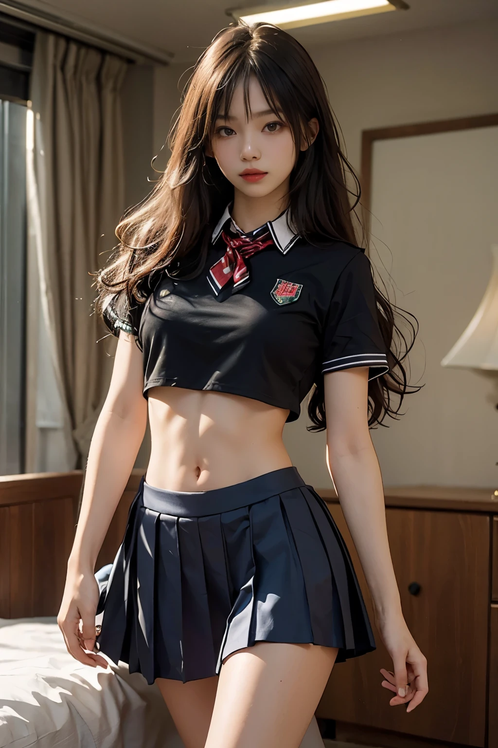 (1girl), Brown hair, Amazing face and eyes, Pink eyes, (High school uniform with wide open breasts:1.1), Beautiful big breasts, bared  chest, (amazingly beautiful girl), Brown hair, (High School Uniform, Pleated mini-skirt:1.5), ((Best Quality)), (Ultra-detailed), (extremely detailed CG unified 8k wallpaper), Highly detailed, High-definition raw color photos, Professional Photography, sitting, ((spread your legs)), (view from below:1.2),