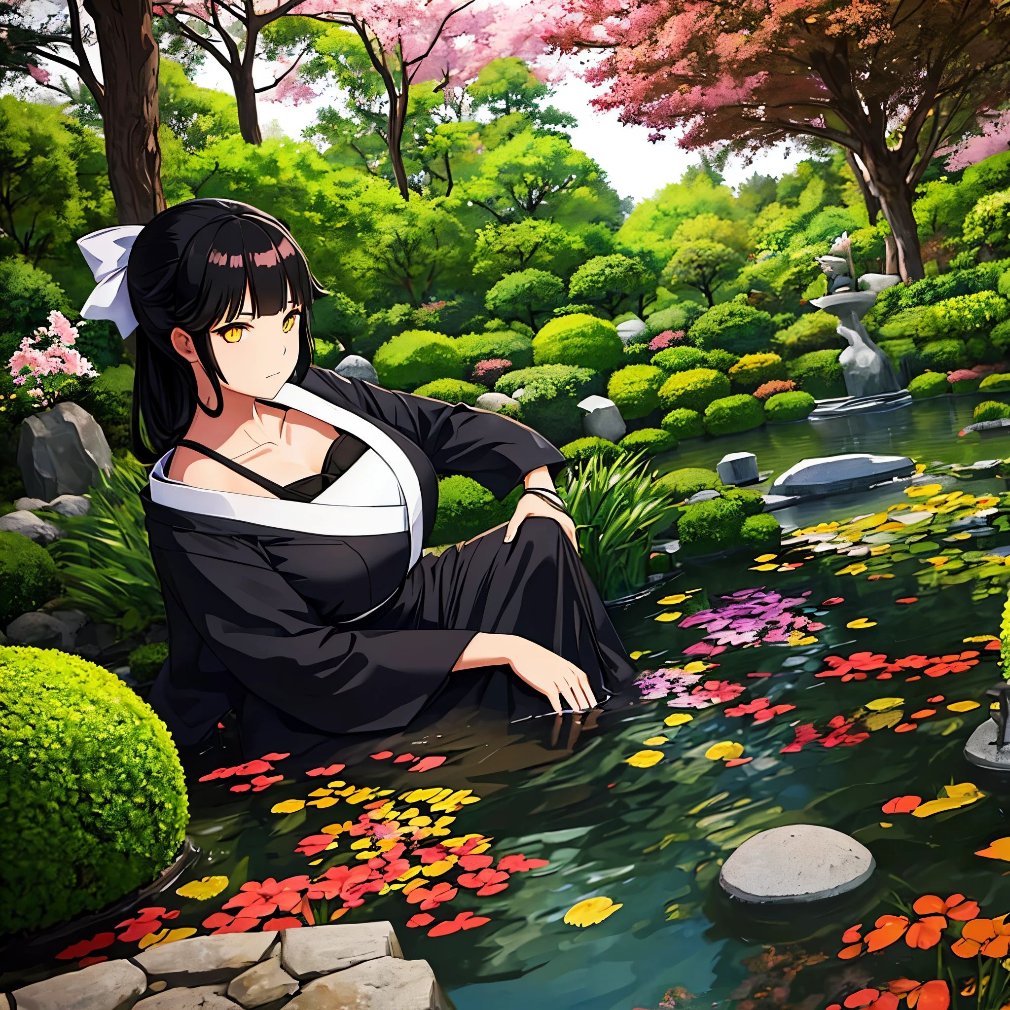 a woman with black hair, yellow eyes in a Japanese garden
