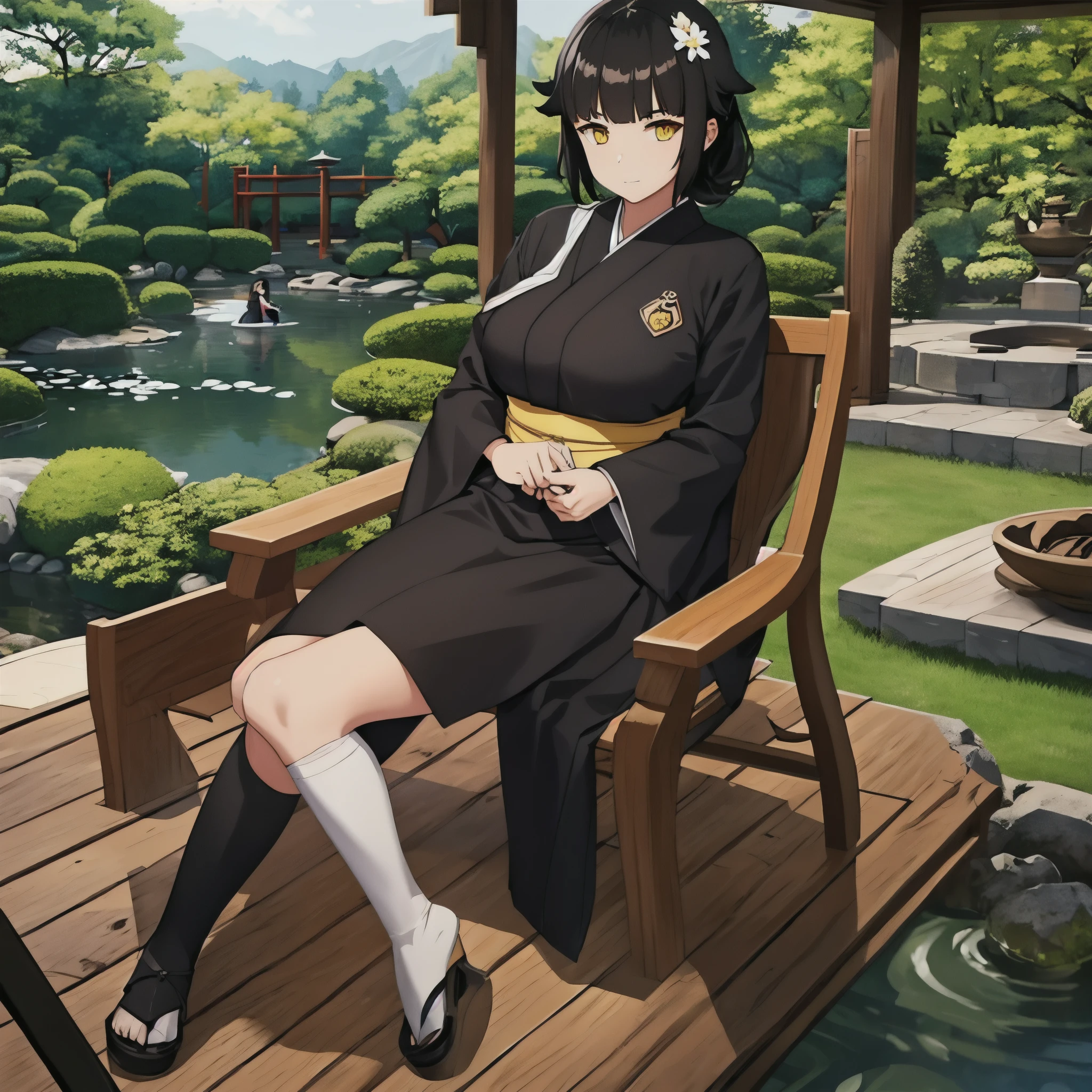 a woman with black hair, yellow eyes in a Japanese garden
