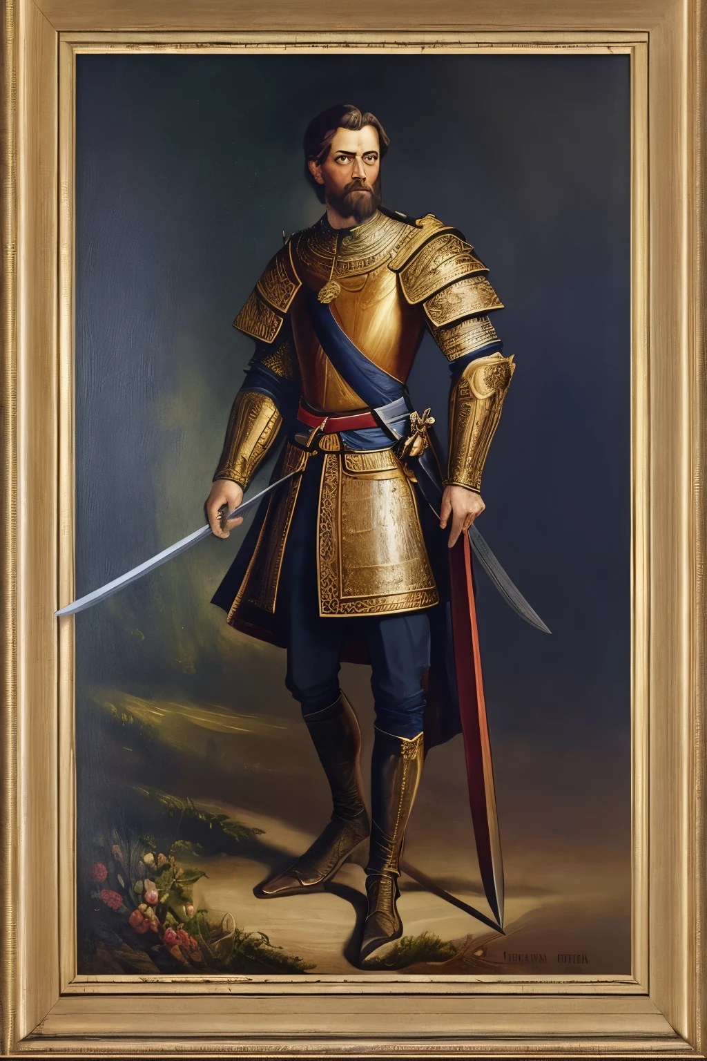 (extremely detailed 8k , masterpiece, best quality, ultra-detailed), (best illumination, best shadow, extreme detail) portrait oil painting on canvas of a 15th century european lord standing in a battlefield. Stylised in a grandious and epic manner being both powerful and graceful wearing the height of fashion from the time and holding an (unsheathed sword in his outstretched hand) as if he had just won a battle, a defiant fierce look on his face. The portrait shoul dbe framed in a gold leaf embossed frame.