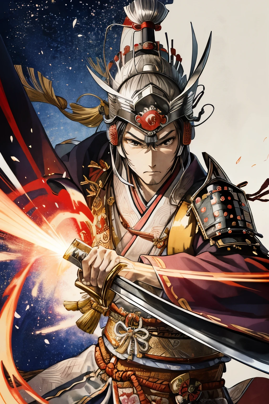 best quality, Japanese style drawing, ukiyo-e style, ink painting, watercolor art drawing, 1man, Japanese samurai, Japanese samurai, (Japanese sword, shining silver plated:1.1), Japanese armor, Japanese samurai costume, Japanese castle, castle tower, Japanese room, tatami, motion-blur, action-lines, speed-lines