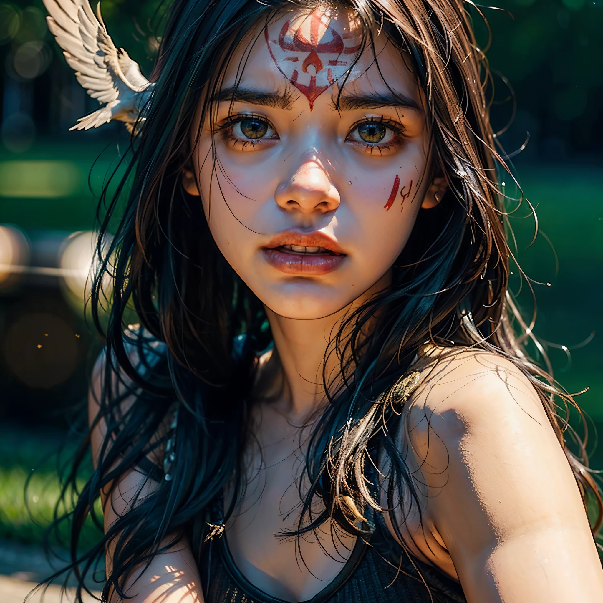 woman with red-hand painted on face and hat with a flying eagle, photo from a spectator, human face with bright red epiceyes, indigenous, ( greg rutkowski ), redhand paint on face, highlight, warrior face painting_red_hand_on_Face, haida, manifestation, photo of young woman, pained expression, absolutely outstanding image, bite her lip, varied multi etc. --v6 --s1000 --c20 --q5 --chaos100