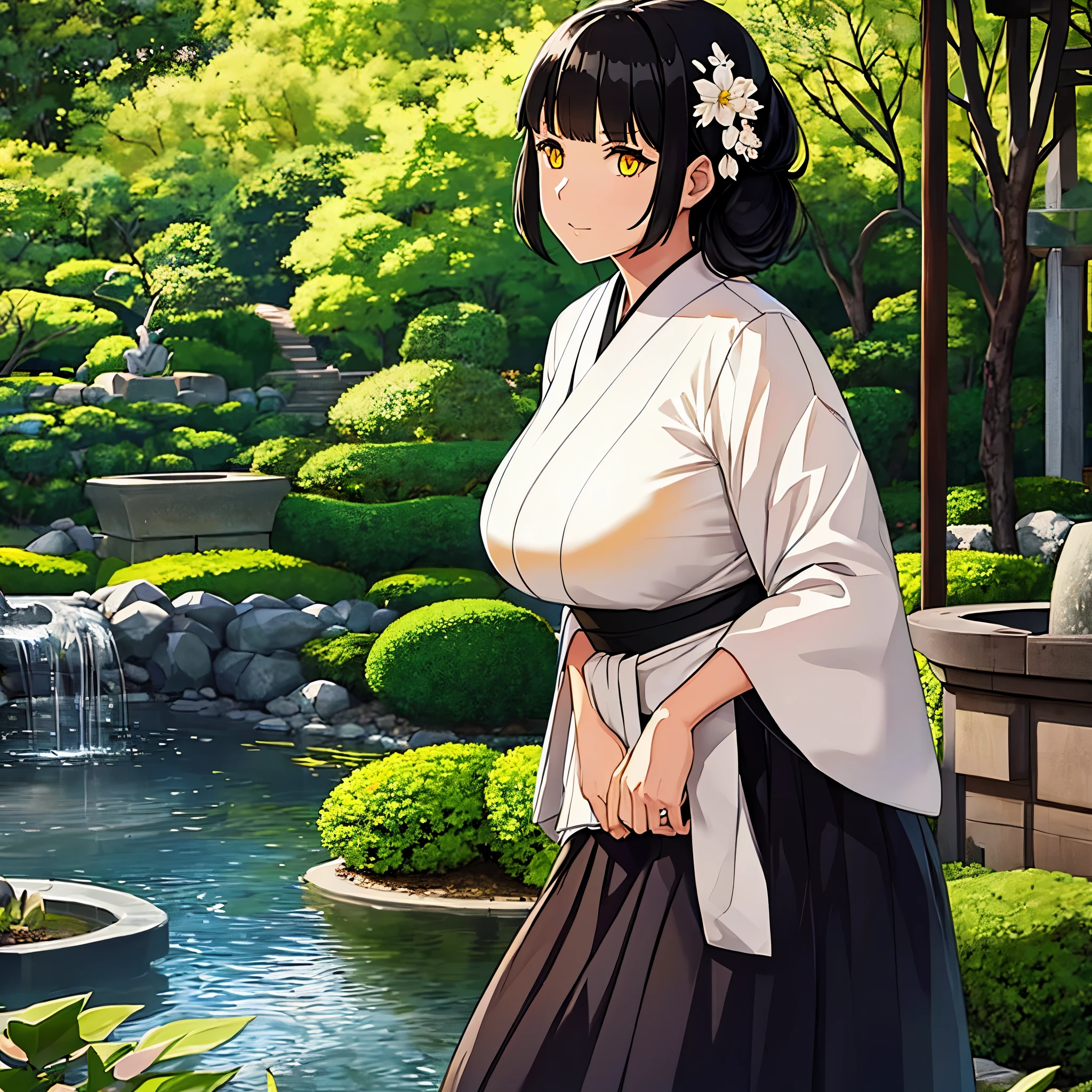 a woman with black hair, yellow eyes in a Japanese garden
