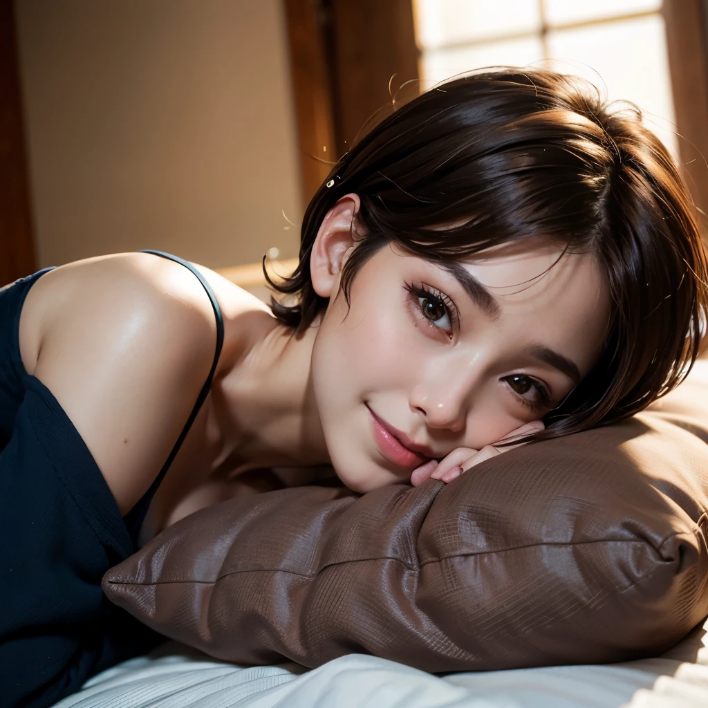 highest quality, ultra high resolution, (realistic:1.4), 1woman, young, Brown_eye, short hair, (Brownの髪:1), (lie on one’s back:1.1), (seductive smile:1), (side view:1.1)