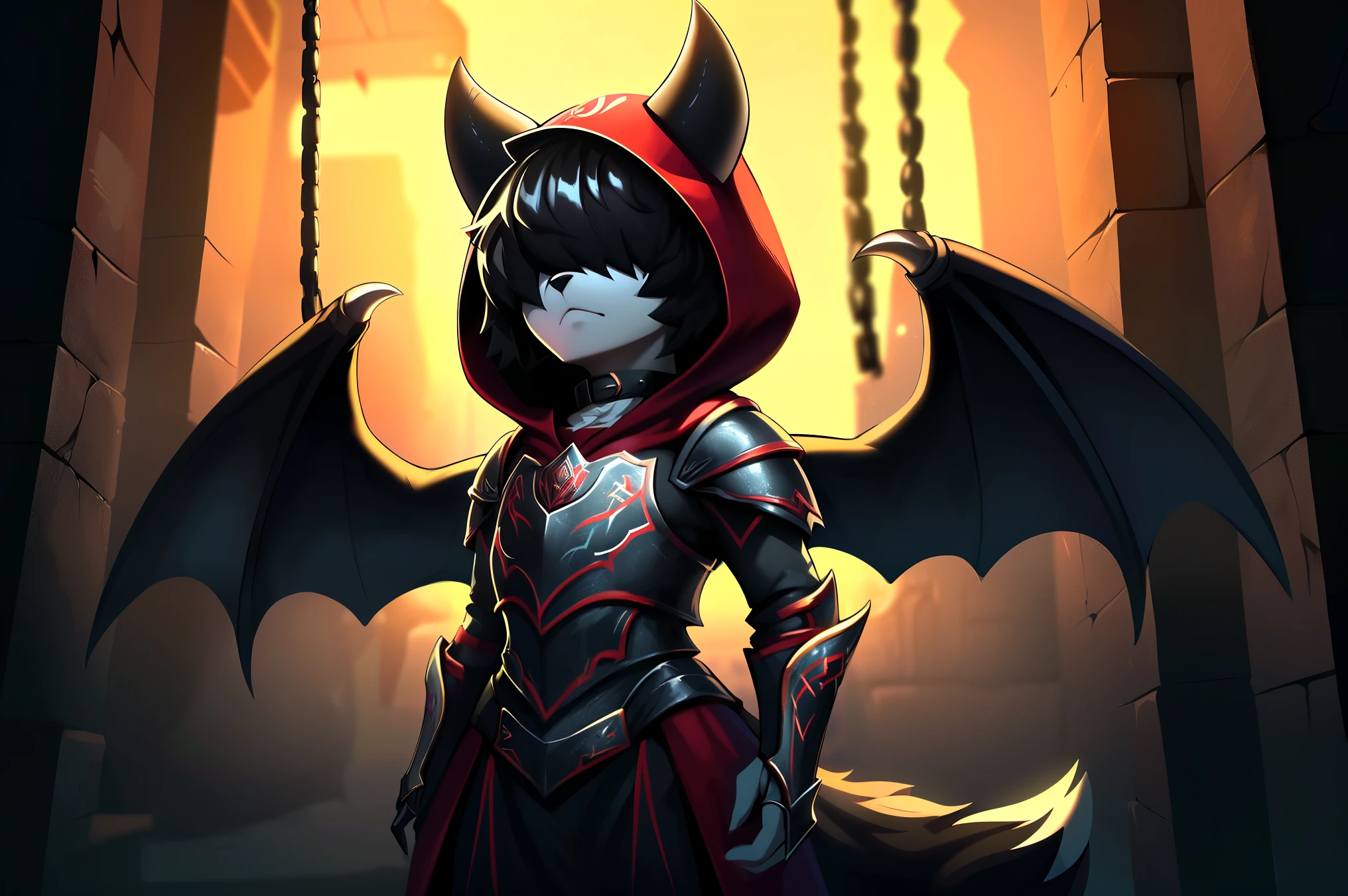 ((fox)), male, feminine body, (solo), fluffy hair, ((hair over eyes), black hair, short hair, twintail hair, ((fluffy body)), black fox tail, black fox ears, ((black devil wings)), ((black devil horns)), ((red infernal armor)), ((hood up)), spike collar, standing, up close, dark blue atmosphere, ((dark room)), ((dungeon)), chains, candles, demonic sigil, up close, Very good figure, cinematic lighting, volume lighting, masterpiece, super detail, high quality, best quality, highres, 16k