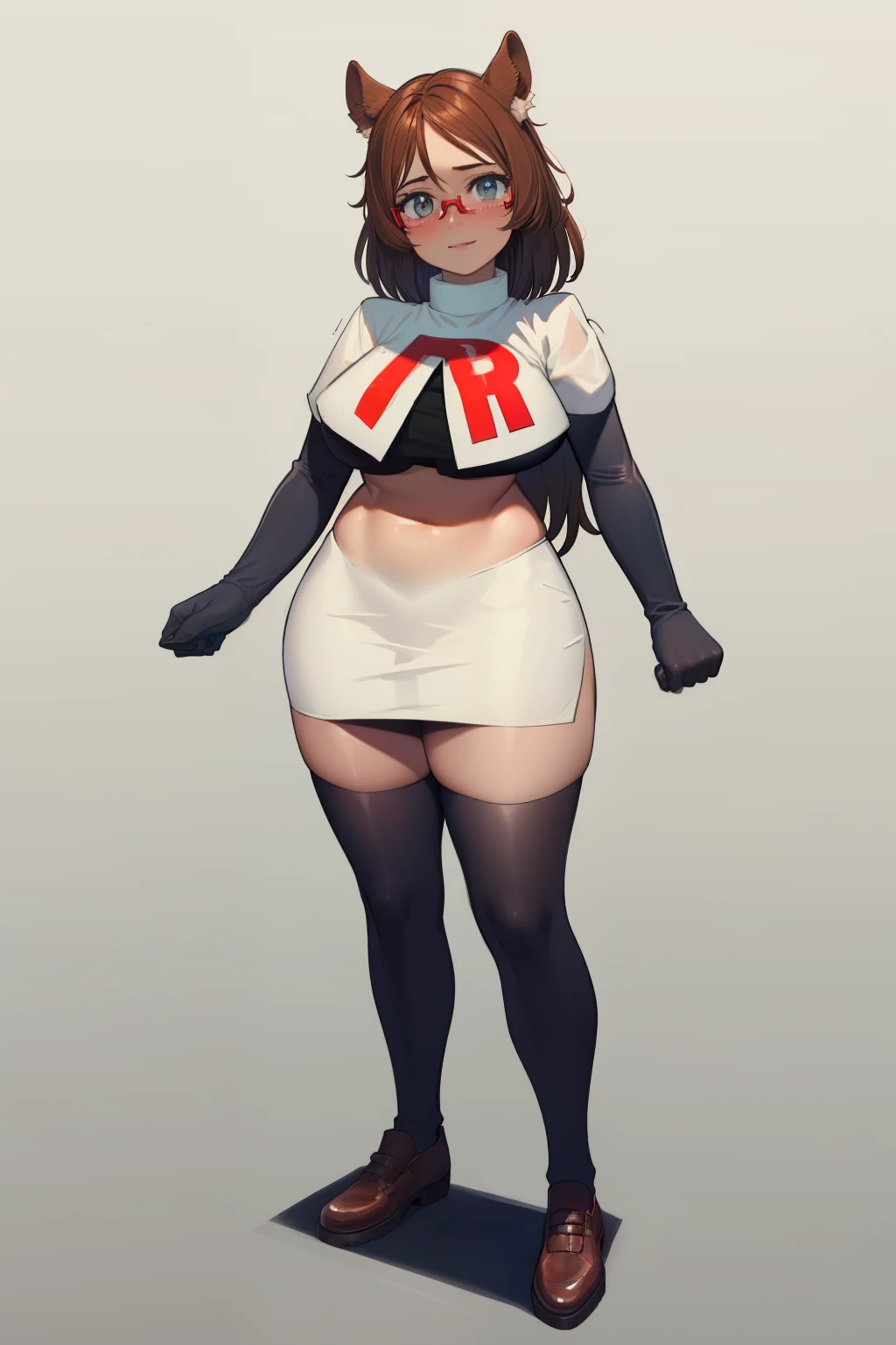Realistic image, detailed image, 1 elf, She has red eyes, She has medium blonde hair with a red ribbon on the left side of her hair, She wears a short red blouse that exposes part of her stomach, sexy shorts. Stockings to mid-thigh, sneakers. She has big boobs, narrow waist, wide hips and thick thighs. smiling. Full body view. Arched back. white background. Uniform background. Volumetric light. Ambient light.