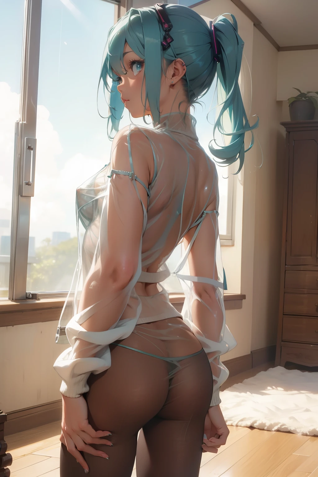 (quality)), ((masterpiece)), Recommended results、puffy nipples、(see through:1.5)、straighten your back、abdominal muscles、huge bust、angle to floor:1.2、low shooting angle、Hair loss on crotch,Hatsune Miku,sweater