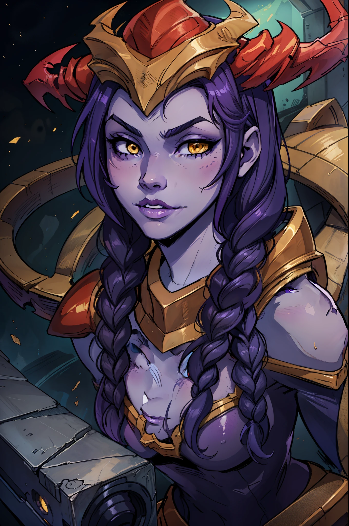 masterpiece, best quality, dragon girl, purple skin, face portrait, beautiful, The_Half_Dragon_Shyvana, double braids, purple_skin, face closeup