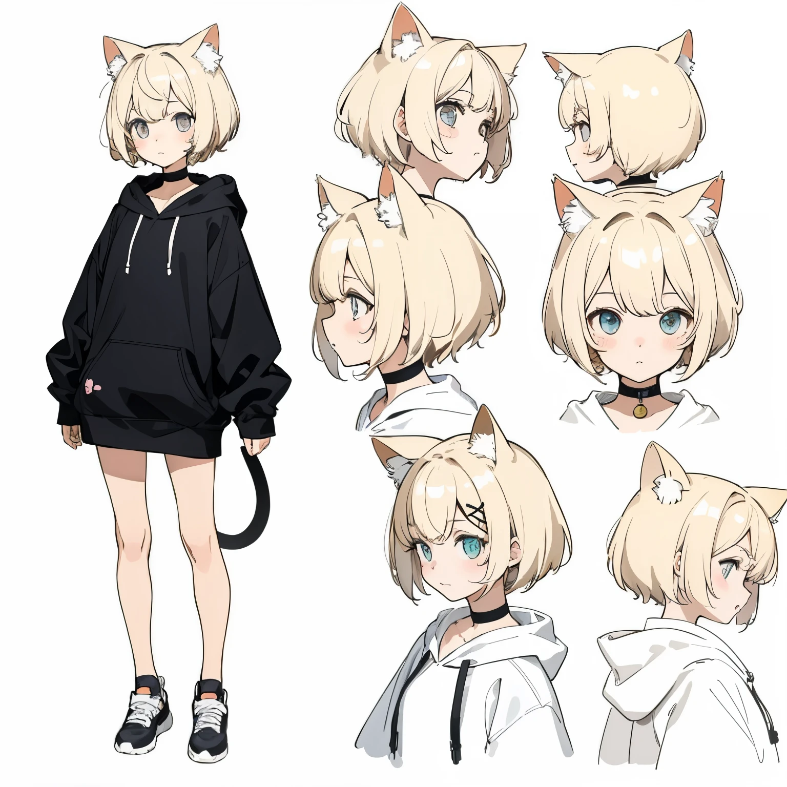 (masterpiece, best quality) detailed,  girl, a blank look, kawaii, cute, various face expression, drawing reference, reference, lineart, sketch (character design sheet, same character, same clothes, full body, 3views, front, side, back), (pixie cut, slightly messy blonde hair, cowlick), cat ears, hair ornament, black choker, hoodie, scornful eyes