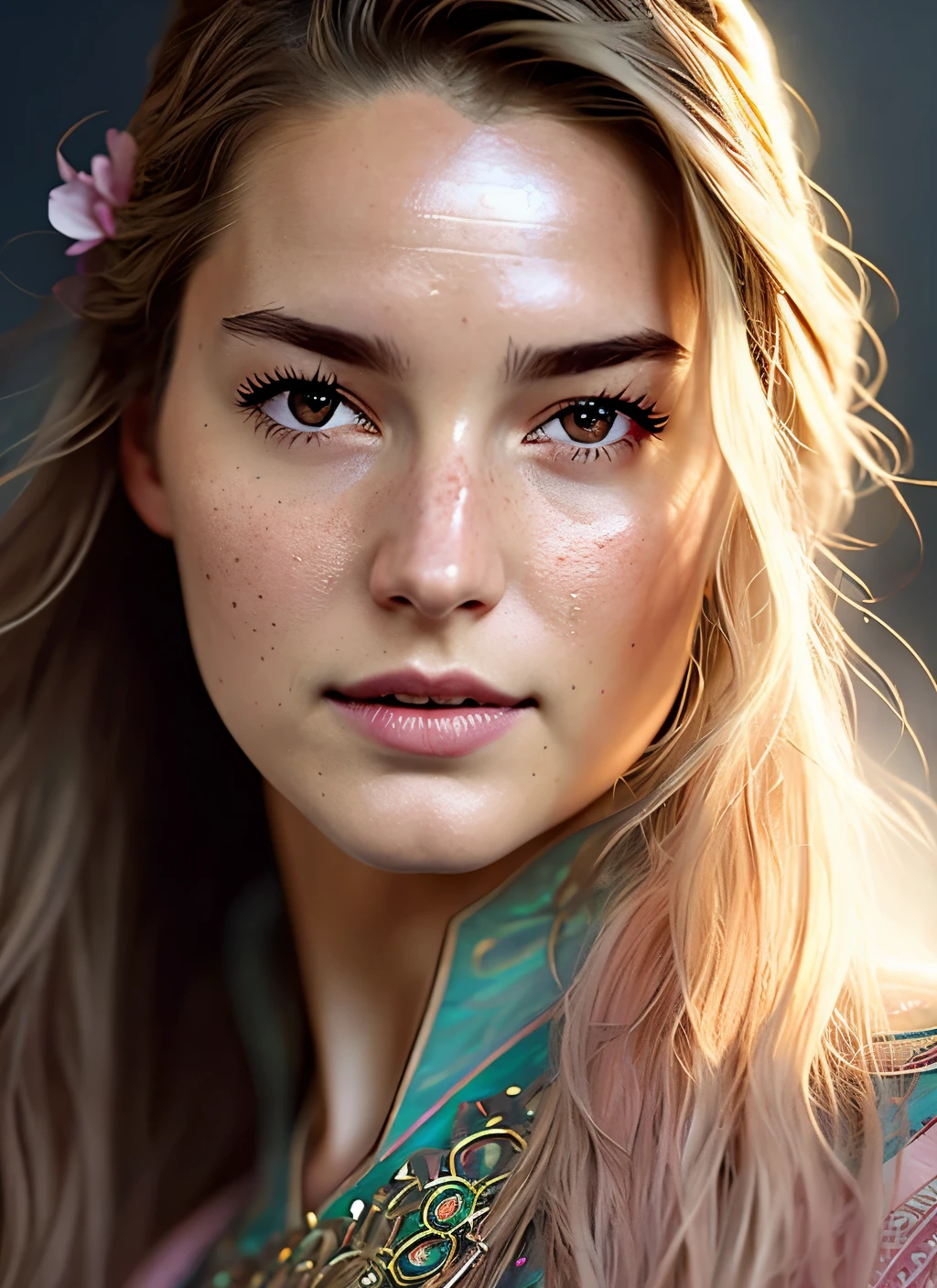 Looks like Shailene Woodley, (symmetry:1.1) (portrait of floral:1.05) a woman as a beautiful goddess, (assassins creed style:0.8), pink and gold and opal color scheme, beautiful intricate filegrid facepaint, intricate, elegant, highly detailed, digital painting, artstation, concept art, smooth, sharp focus, illustration, art by greg rutkowski and alphonse mucha, 8k