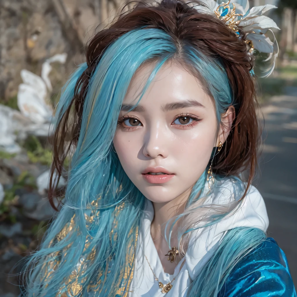 Yellow blue colors，enamel，agate，A flesh-colored world，Blood Blue Maiden 32k（masterpiece，HD，Aoyama Pond，Ultra high quality，32k）long flowing bright blue hair，blood pool，Ziddink， a color，Grumpy （After greeting）， （Linen scarf）， fighting stance， looking at the ground， long white hair， Floating bright blue， Fire cloud gold headdress， Chinese long-sleeved gold silk burgundy garment， （Abstract metaverse splash：1.2）， White background，Peony flower vitality protector（realistically：1.4），bright purple hair，Smoke on the road，The background is very pure， high resolution， detail， RAW photos， Sharp Re， Nikon D850 film photo by Jefferies Lee 4 Kodak Portra 400 camera F1.6 guns, colorful, Ultra-realistic and vivid textures, dramatic lighting, Unreal Engine Art Station Trend, Sinest 800，一个有着long flowing bright blue hair的女孩，huge colorful bubbles