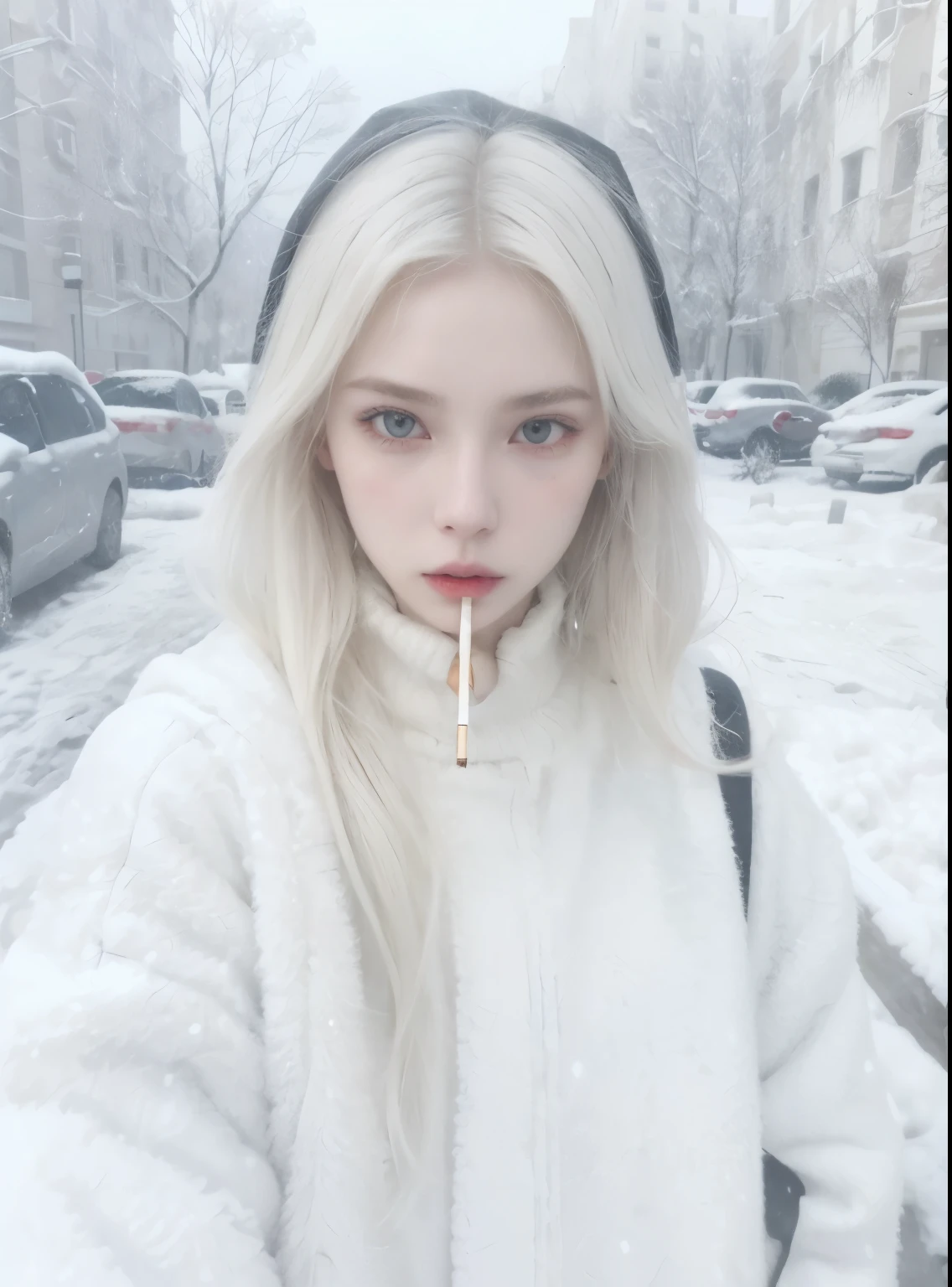 Mujer rubia con un cigarrillo en la boca en la nieve., pale, snow-white skin, cruel korean gothic girl, pale white face, pale gothic beauty, extremely pale white skin, con el pelo largo y blanco, chica anime en la vida real, pelo muy largo color nieve, extremely pale blonde hair, anna nikonova aka newmilky, ulzzang, con pelo largo y blanco
