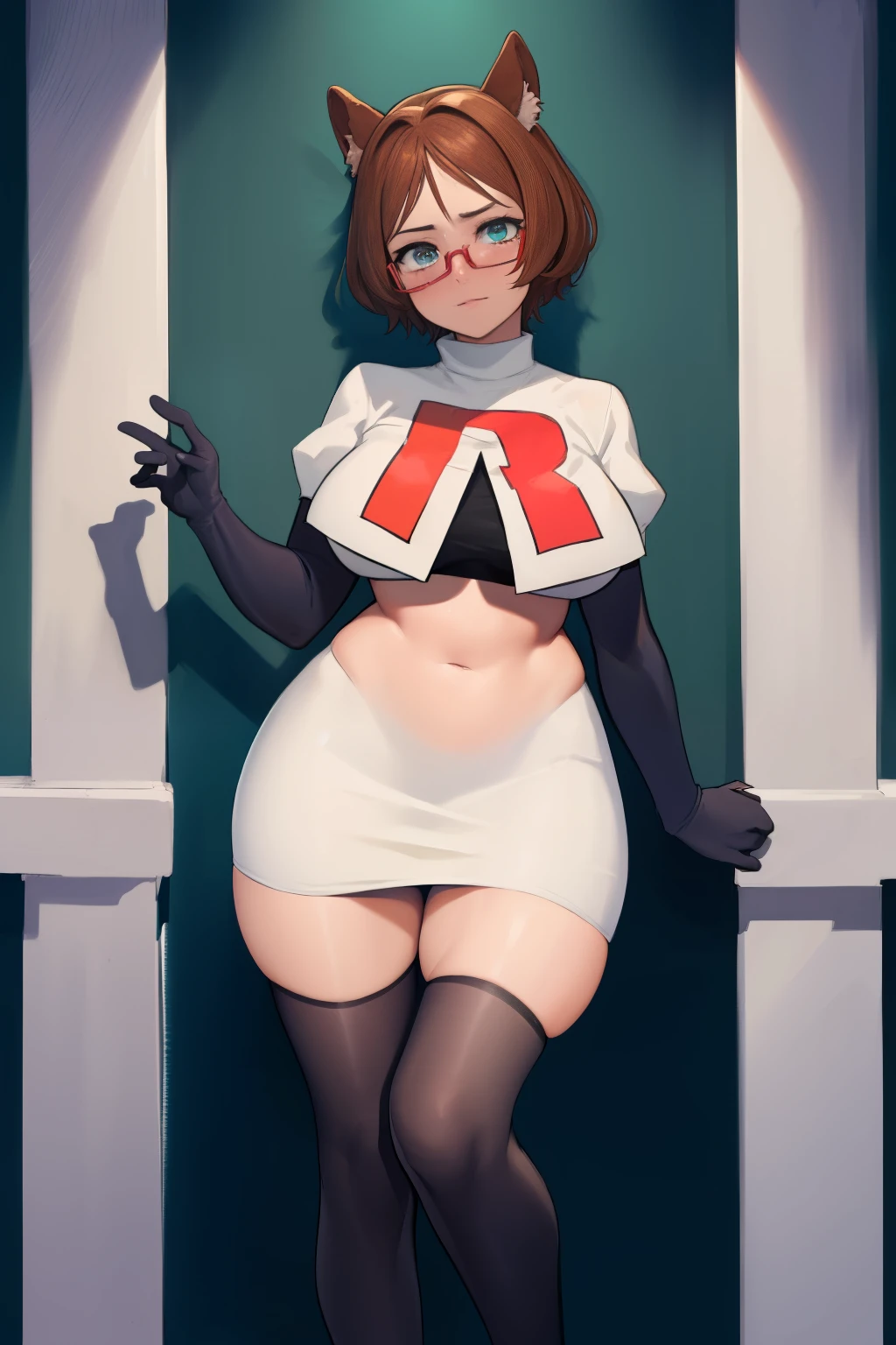 (mint-castella:1.3)
(absurdres, absurd resolution, highres, high resolution, best quality, masterpiece:1.1)
(solo, 1girl)
cowboy shot, standing
simple background
animal ears, brown hair, dog ears, dog girl, dog tail, green eyes, white pupils
red-framed eyewear, glasses, semi-rimless eyewear
team rocket,team rocket uniform, red letter R, white skirt,white crop top,black thigh-highs,black elbow gloves
plump, large breasts, thick thighs, skindentation